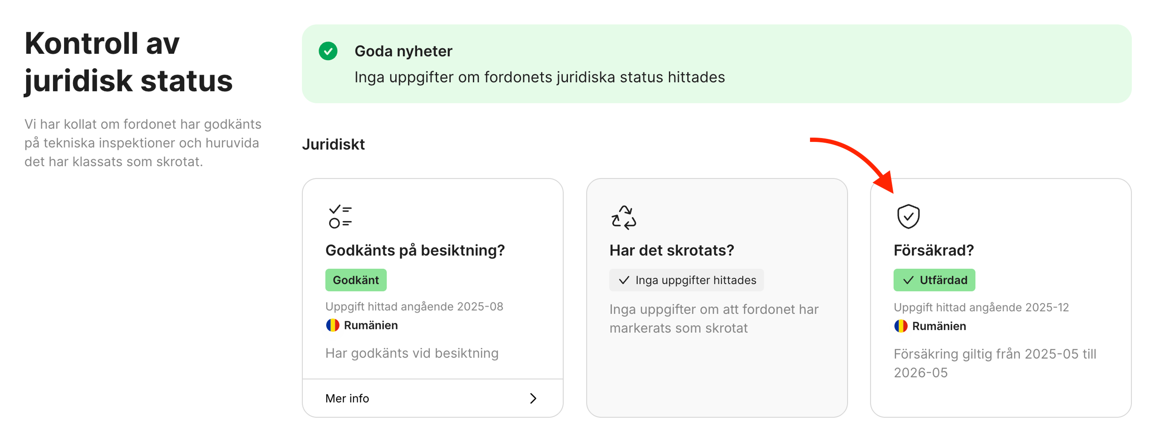 Försäkringskort i rapportavsnittet kontroll av juridisk status