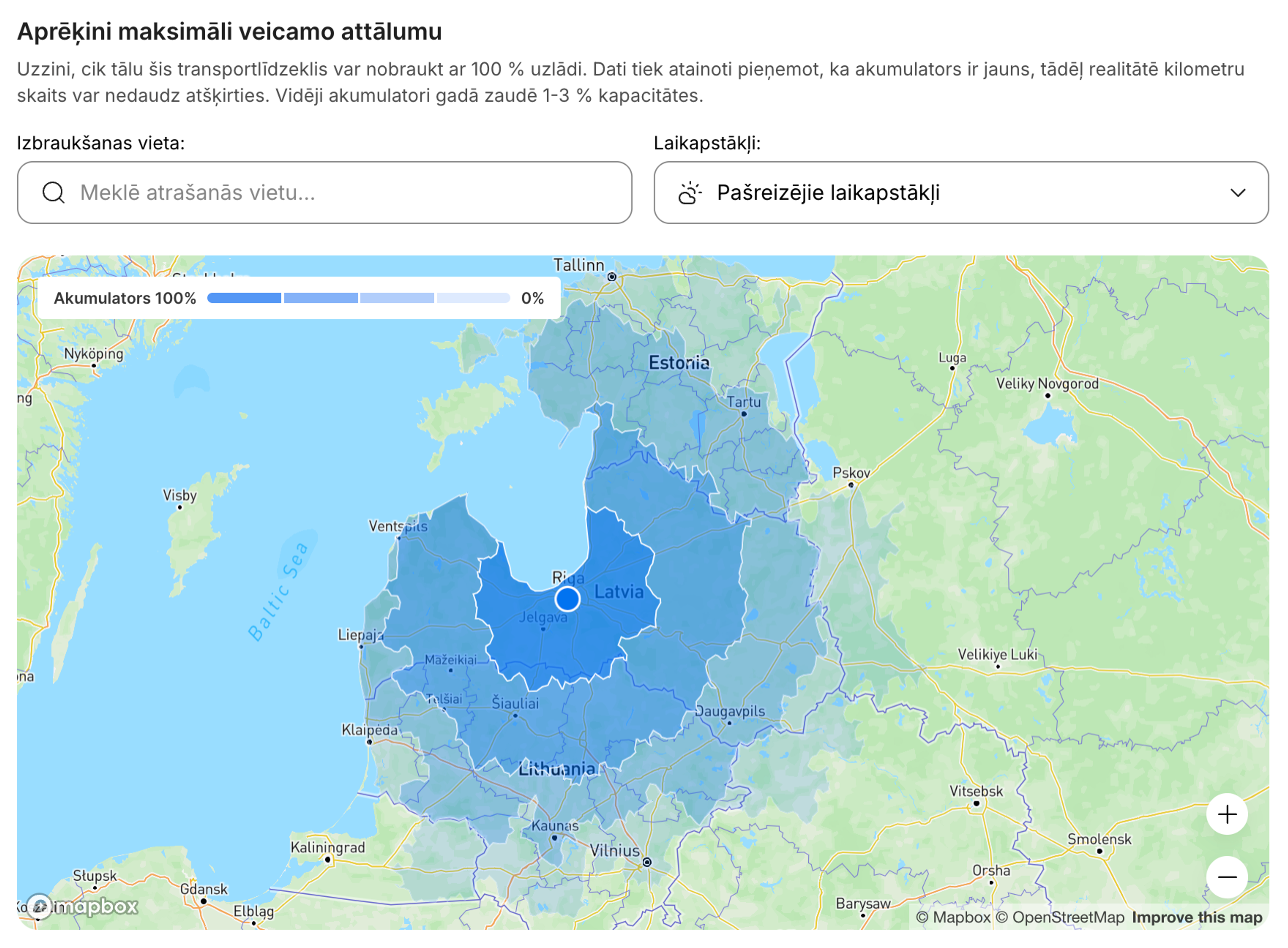 Interaktīva elektroauto nobraukuma attāluma karte, kurā redzams aptuvenais veicamo kilometru skaits.