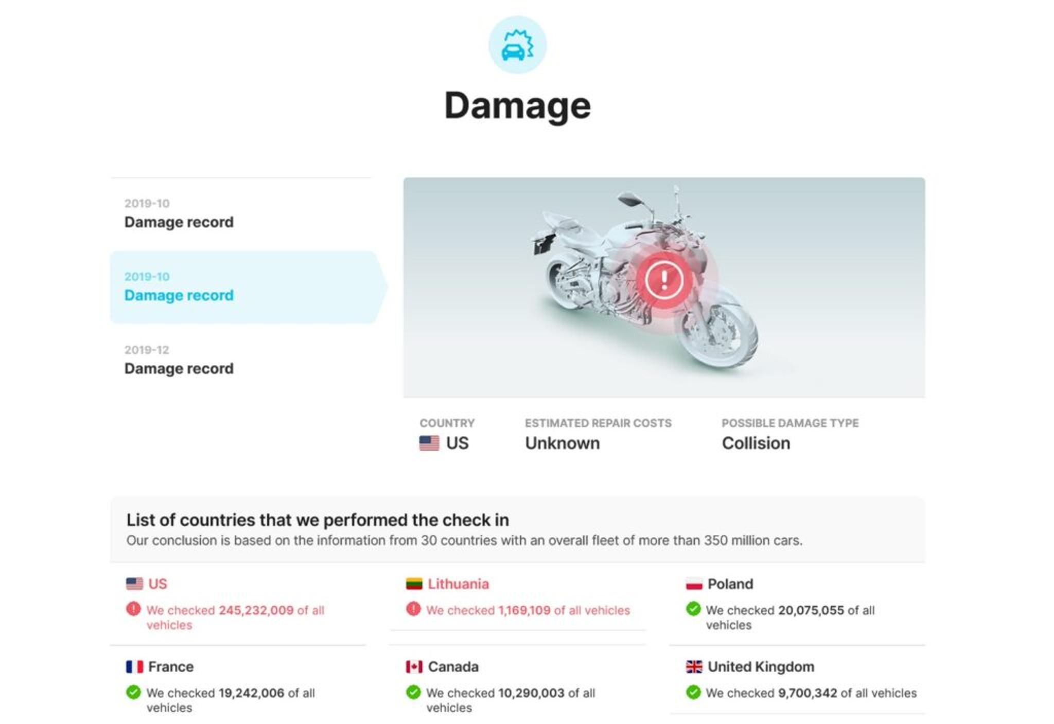 Damage visualisation on carVertical motorcycle history report 