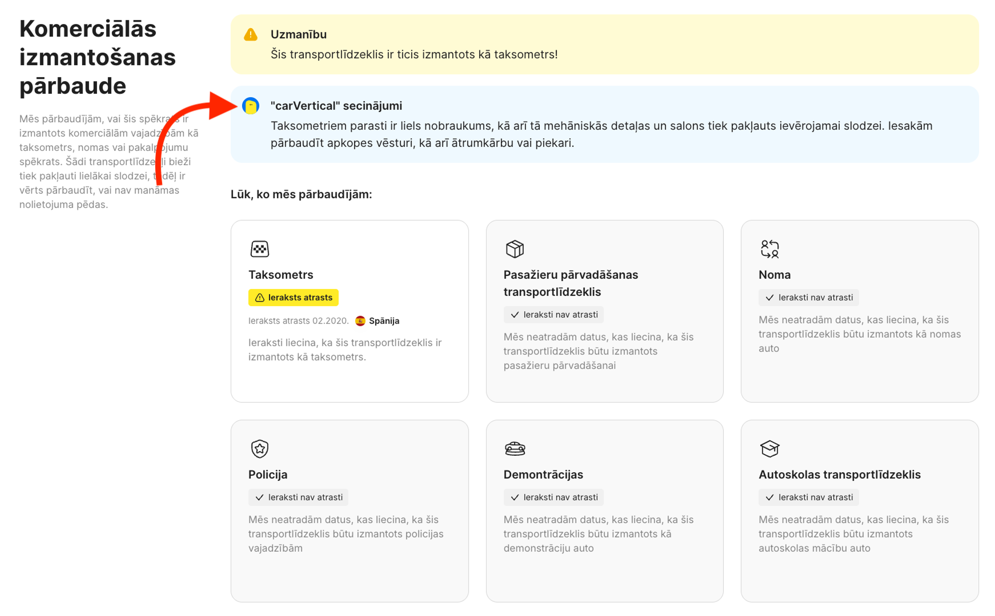 “carVertical” secinājumi “Komerciālās izmantošanas pārbaudes” sadaļā