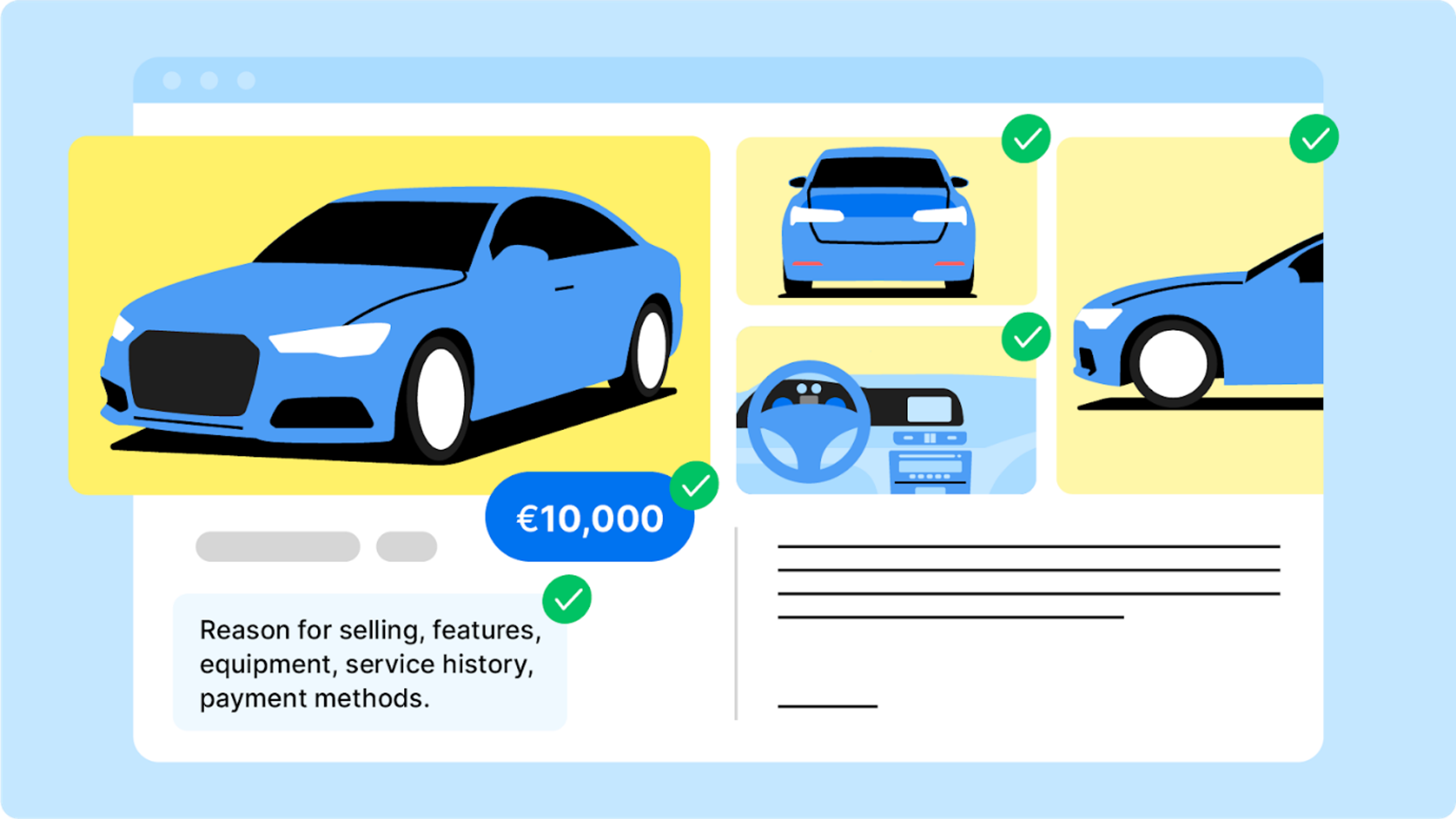 A clean car ad; visible description: Make sure the ad is informative and consistent