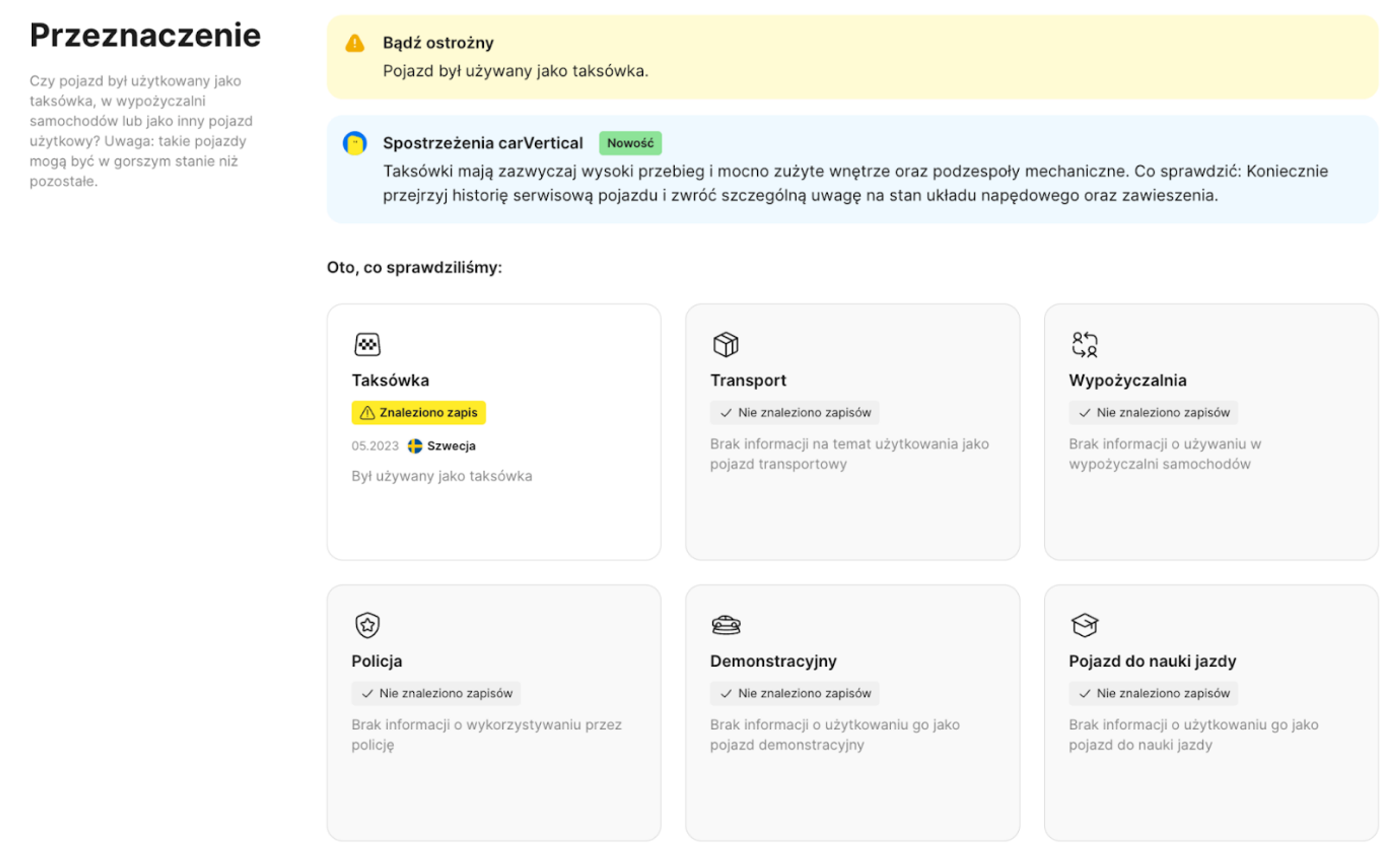 Informacja o przeszłym użytkowaniu jako taksówka w raporcie carVertical