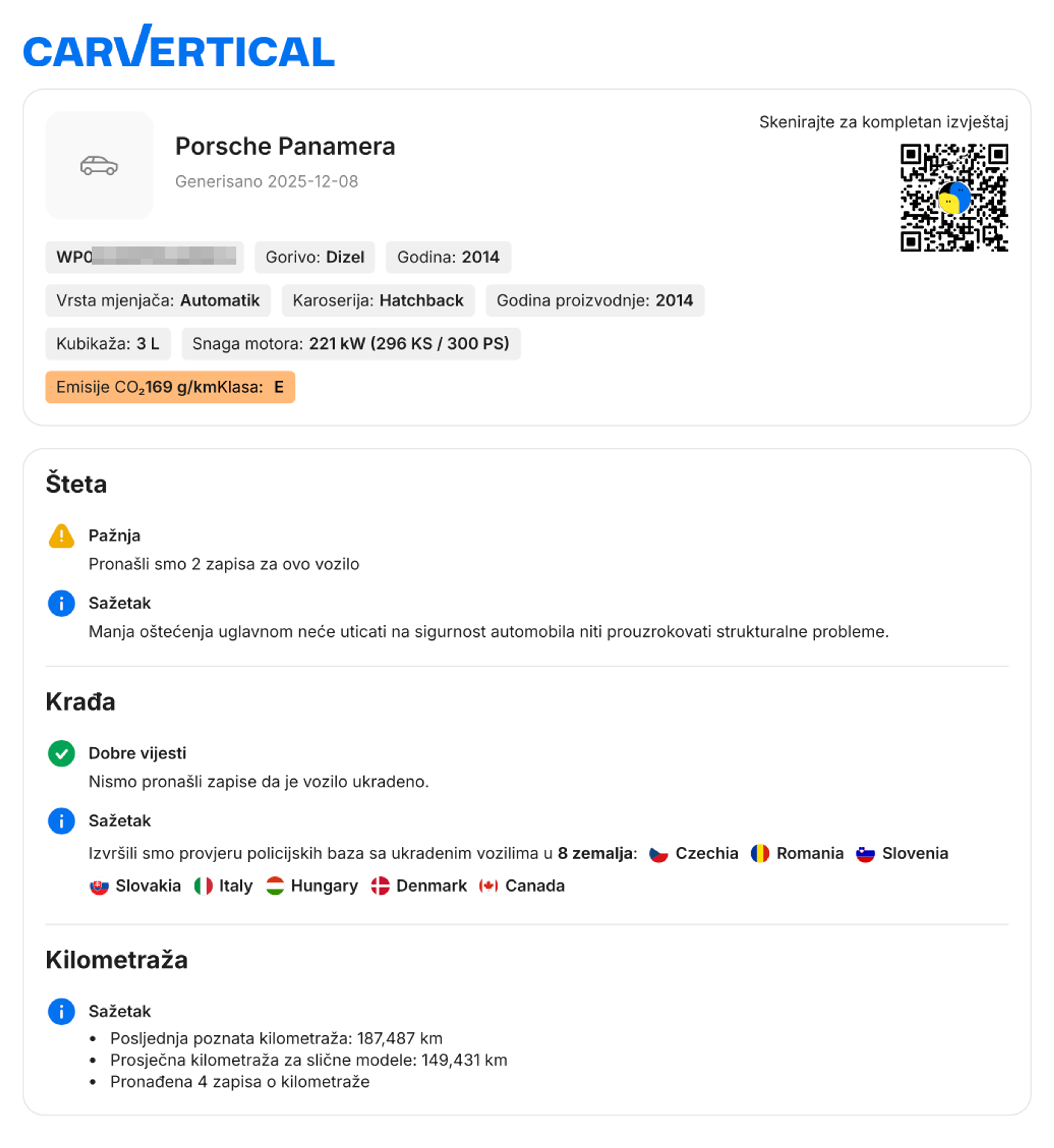 Podaci o automobilu uključeni u jednu PDF stranicu