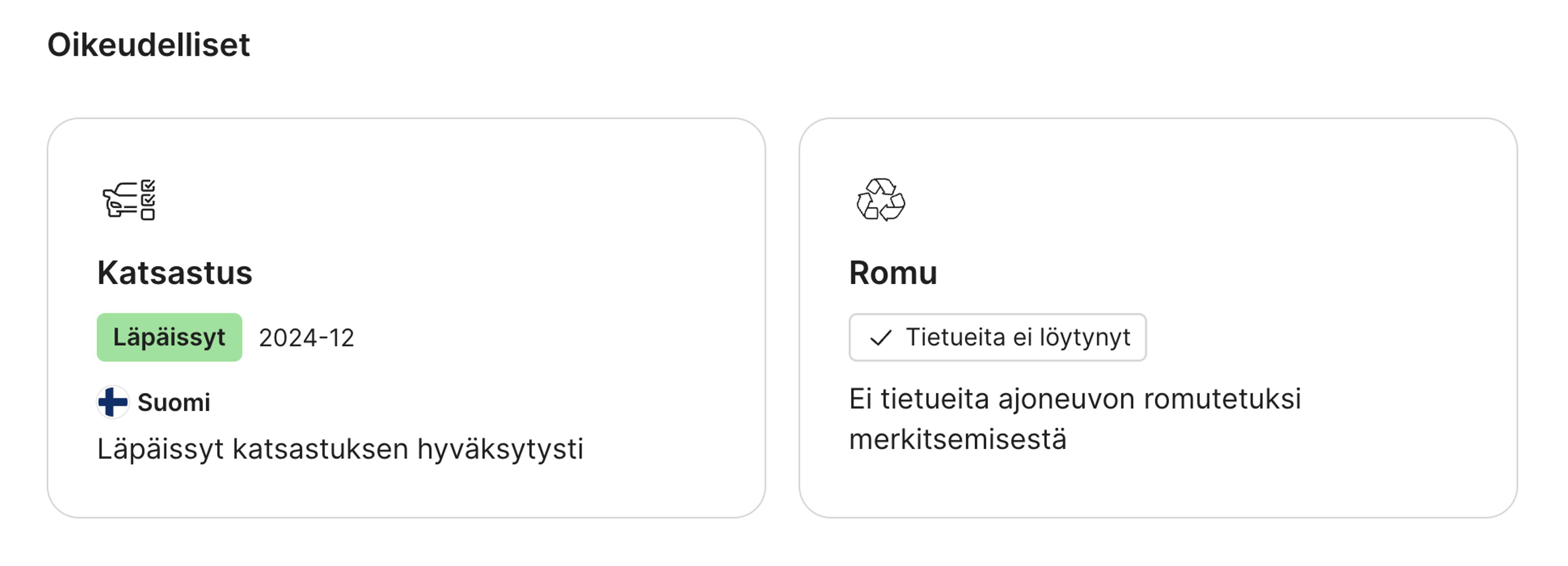 rekisteröinti ja oikeudellinen asema -osio carVertical-raportissa