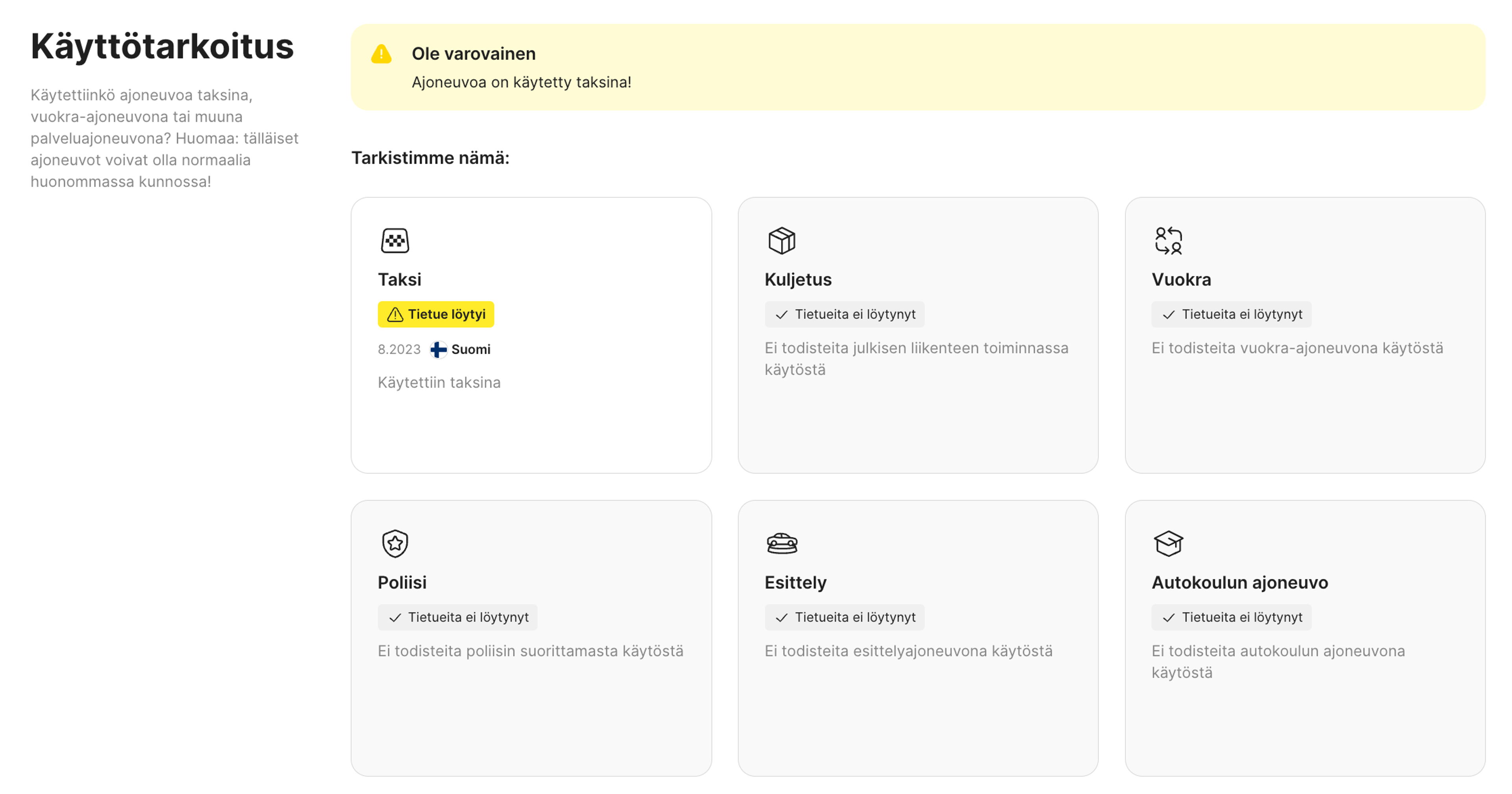 Käyttötarkoitus-osio carVerticalin raportissa