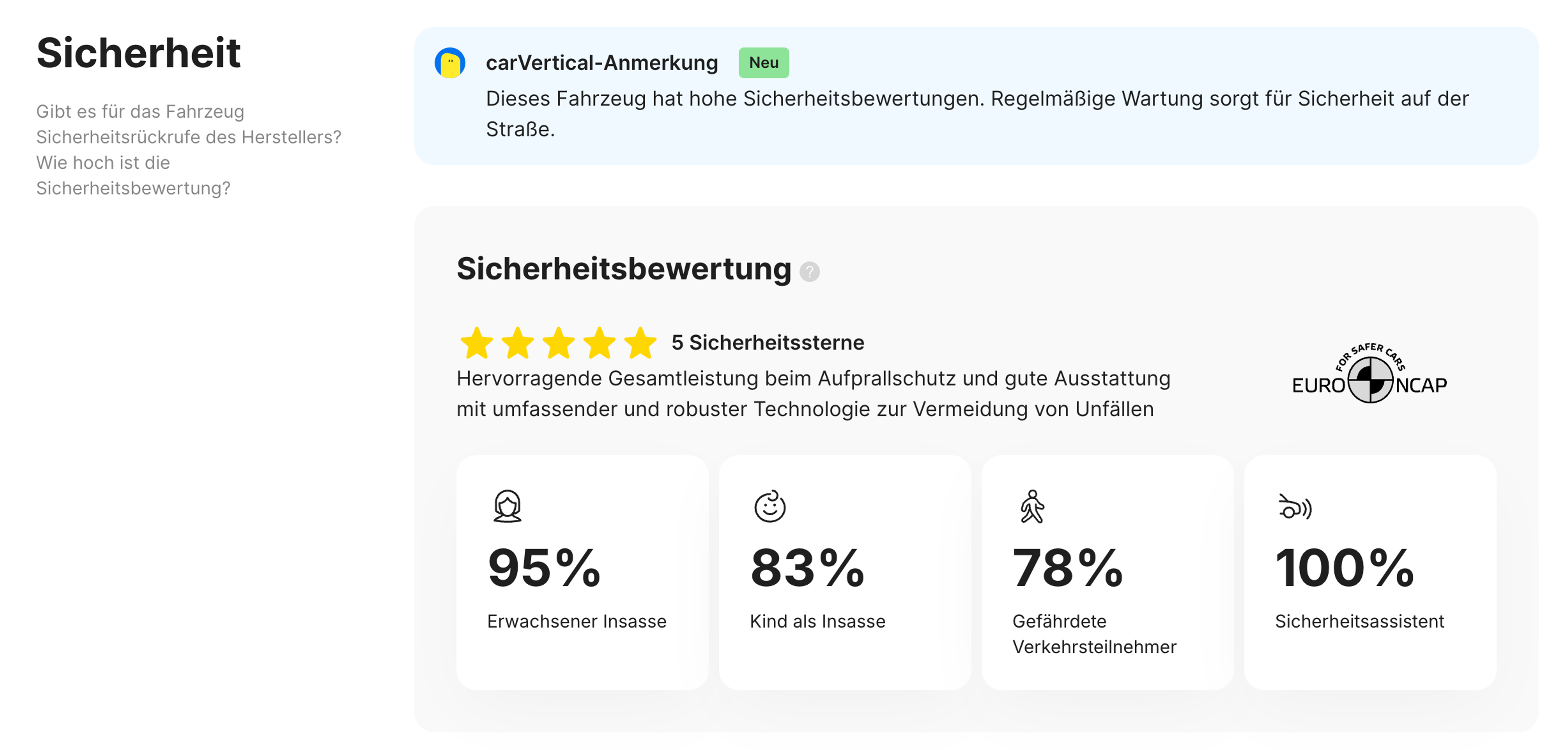 Sicherheitsbewertung mit Euro NCAP-Bewertung im carVertical-Bericht