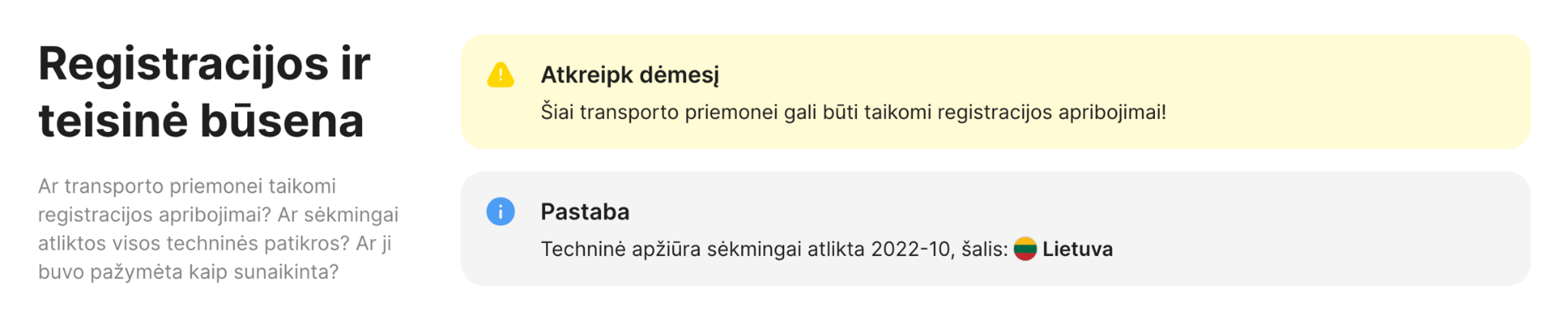 registracijos ir teisinio statuso skiltis carVertical ataskaitoje