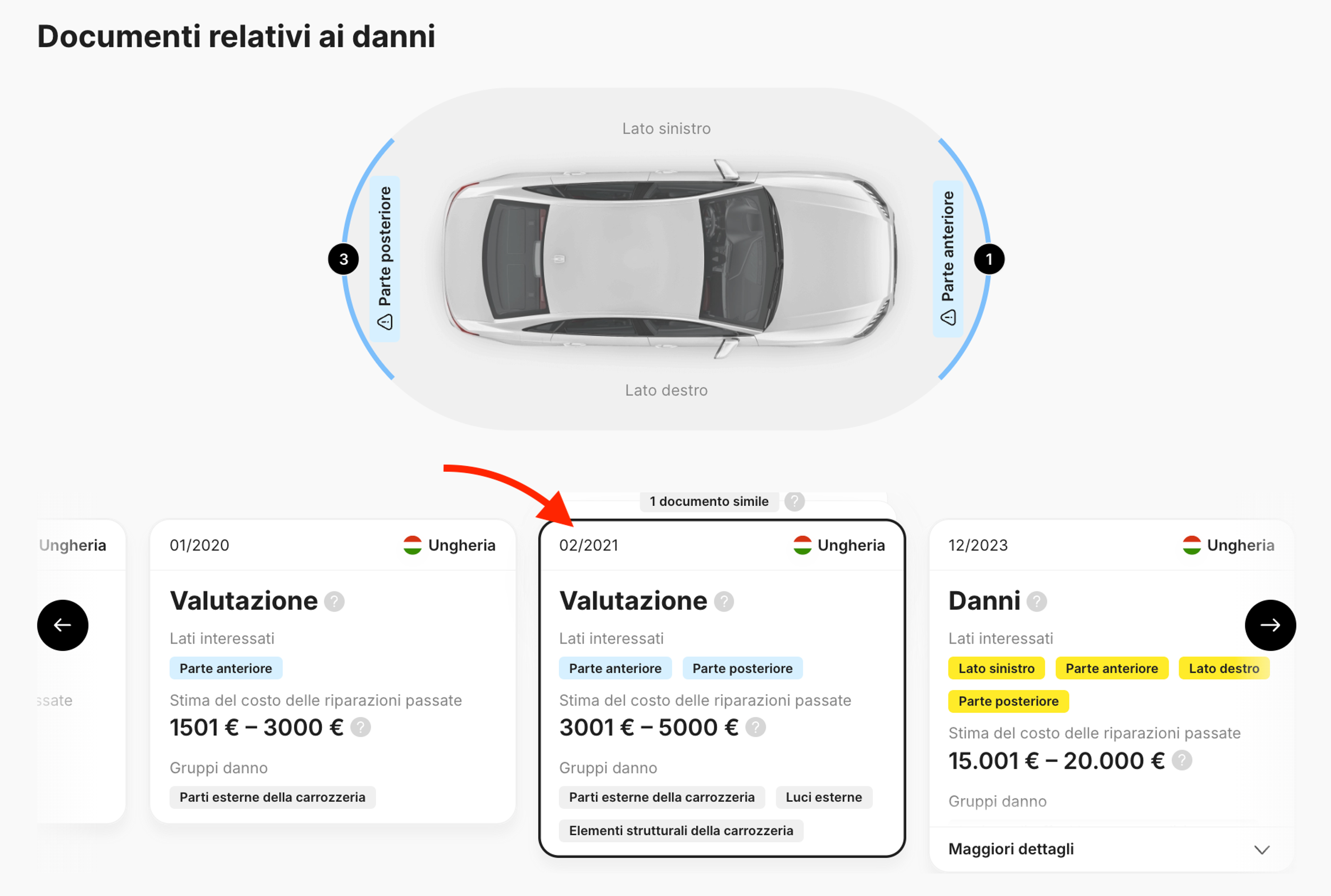 Schede Danni e Valutazione nel report di carVertical