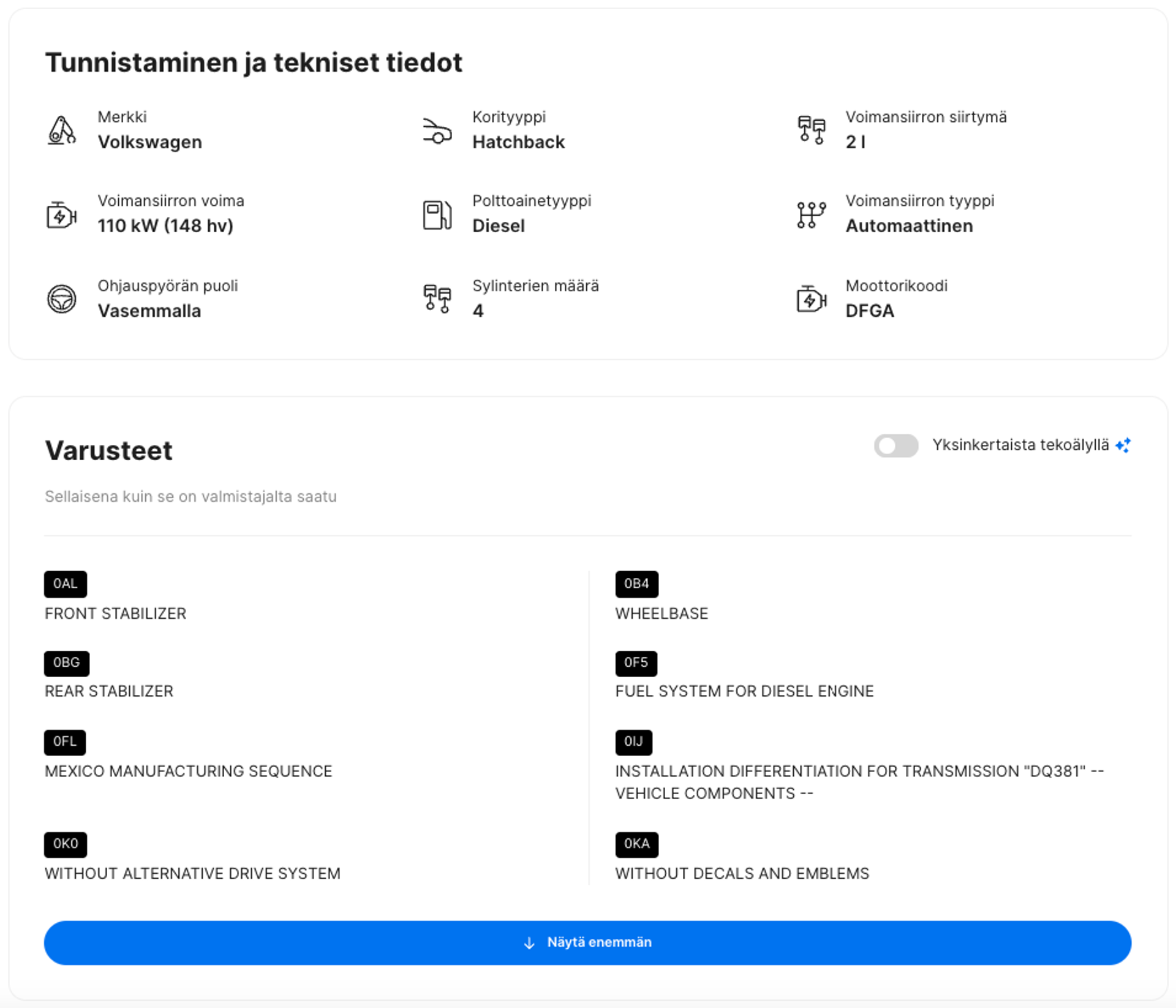 Tiedot ja varusteet -osio carVerticalin raportissa