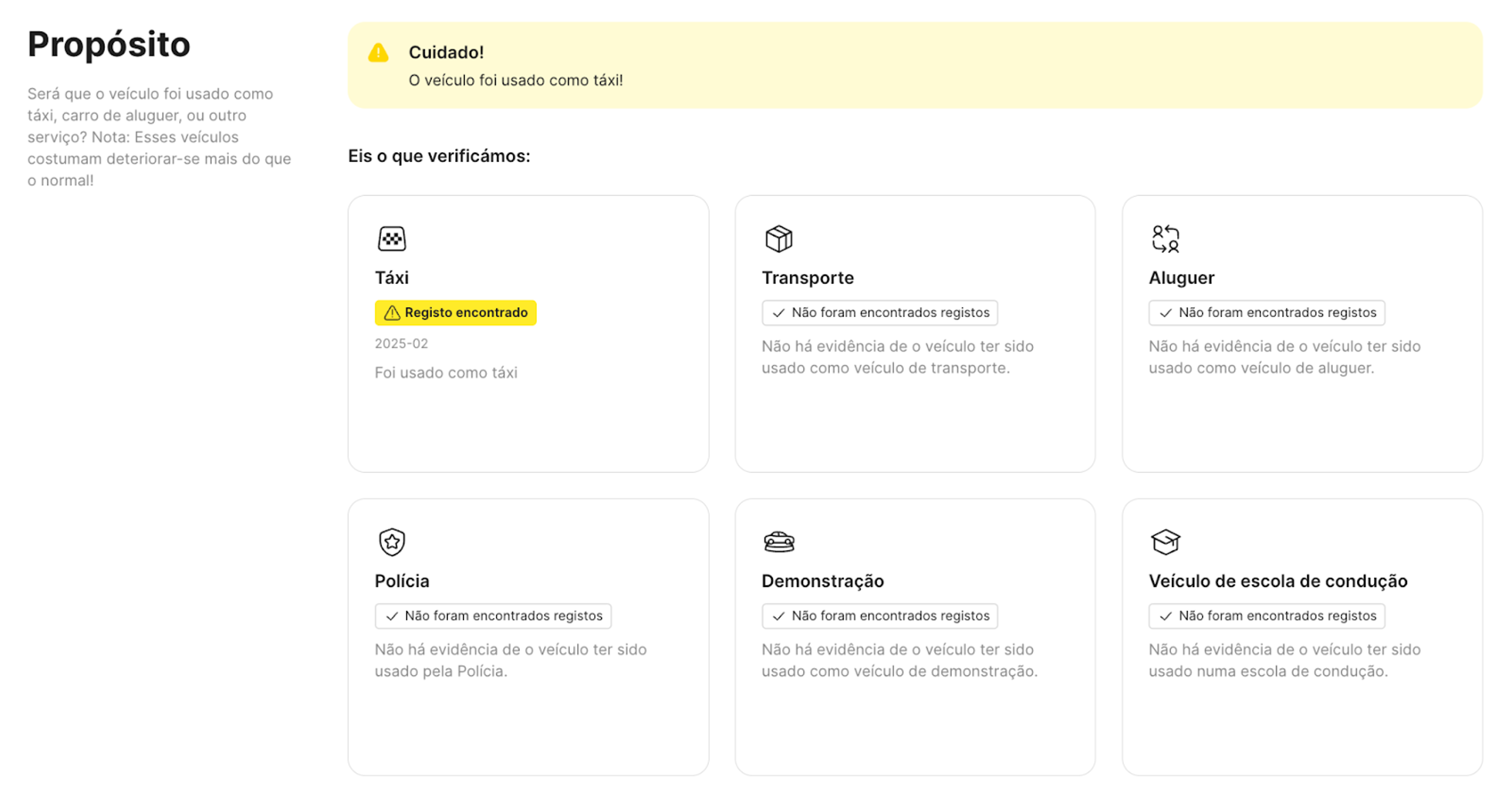 Registo que indica que um veículo foi usado como táxi