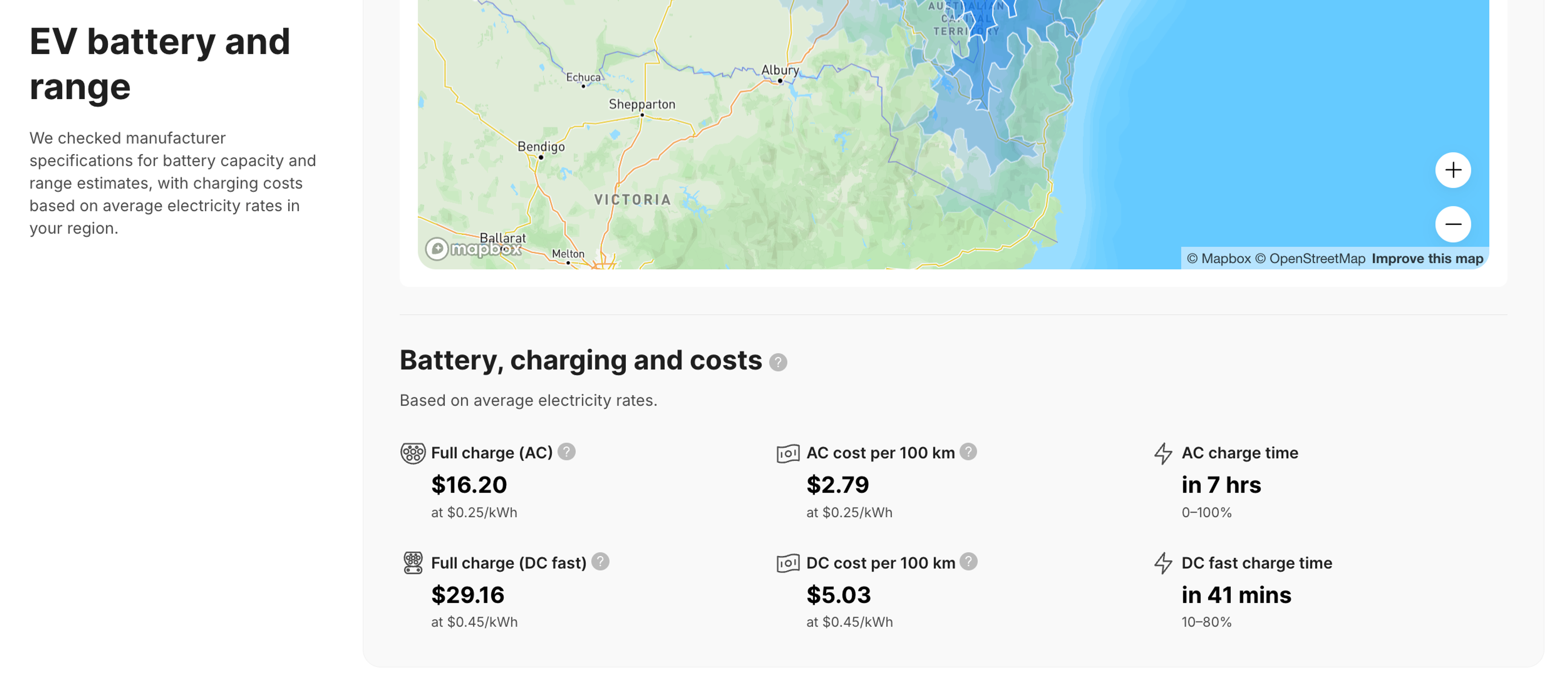 EV charging time and cost estimates in the vehicle report