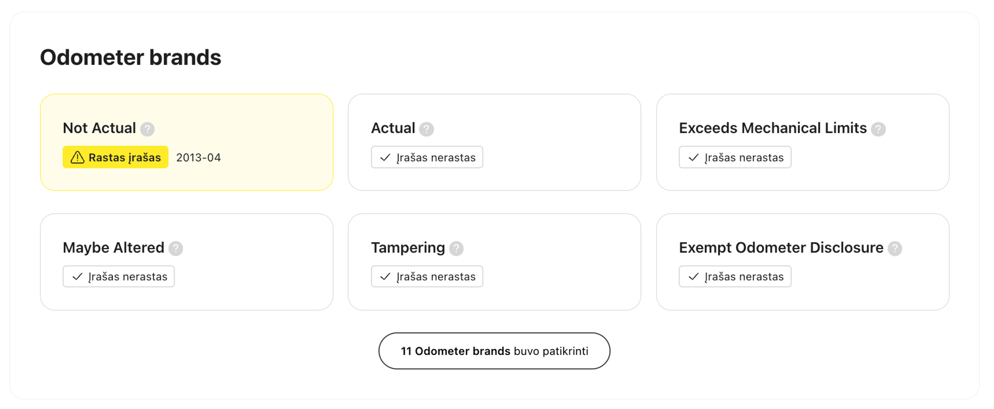 Su odometro rodmenimis susijusios žymos carVertical ataskaitoje