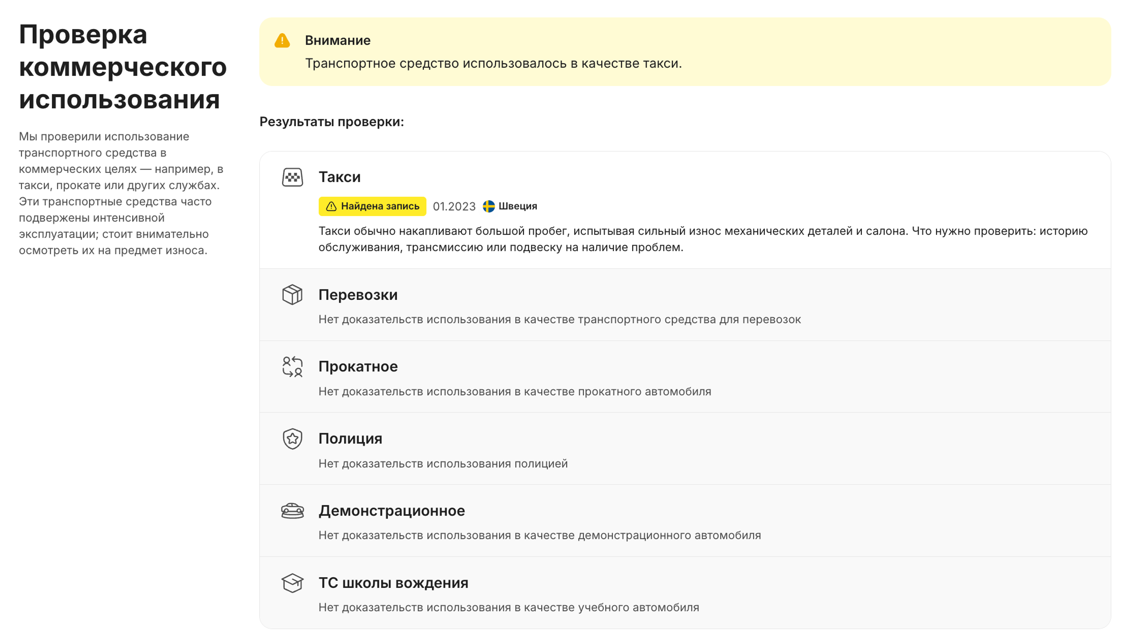 Раздел «Проверка коммерческого использования» в отчете carVertical