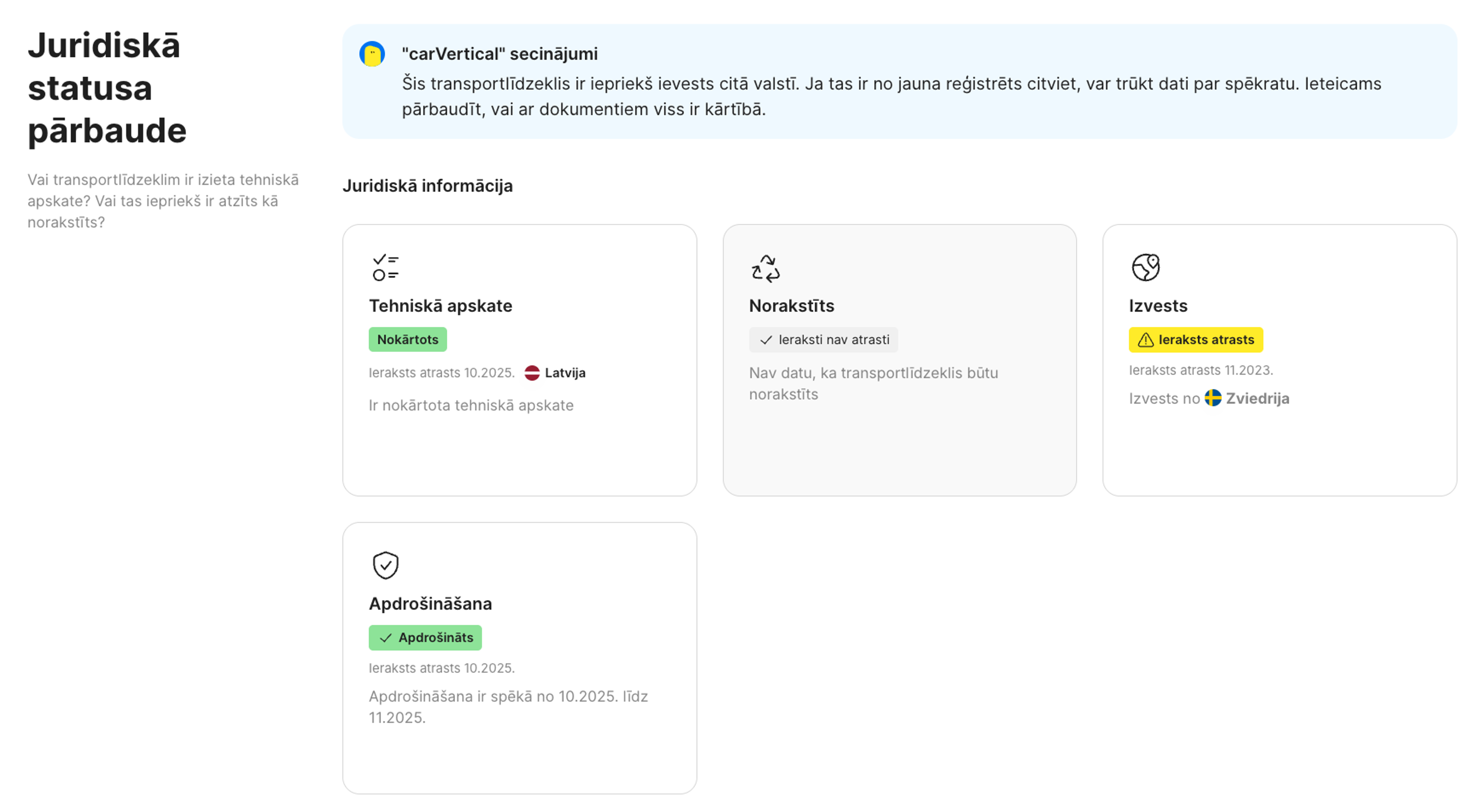 finansiālā un juridiskā statusa funkcija carVertical pārskatā