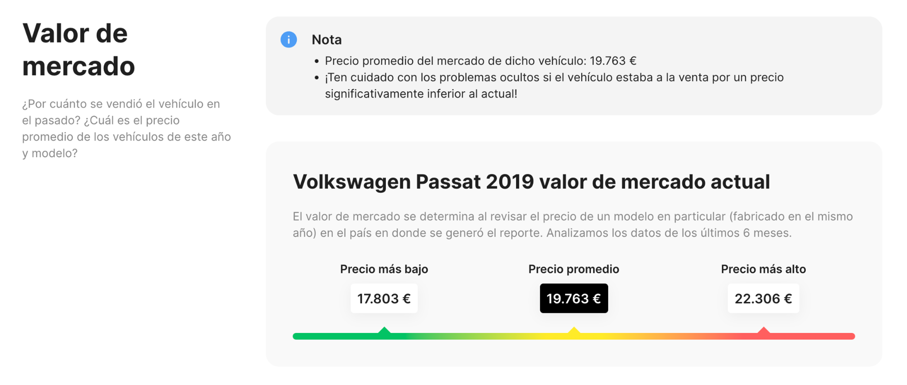 Sección de valoración de vehículos en el informe carVertical