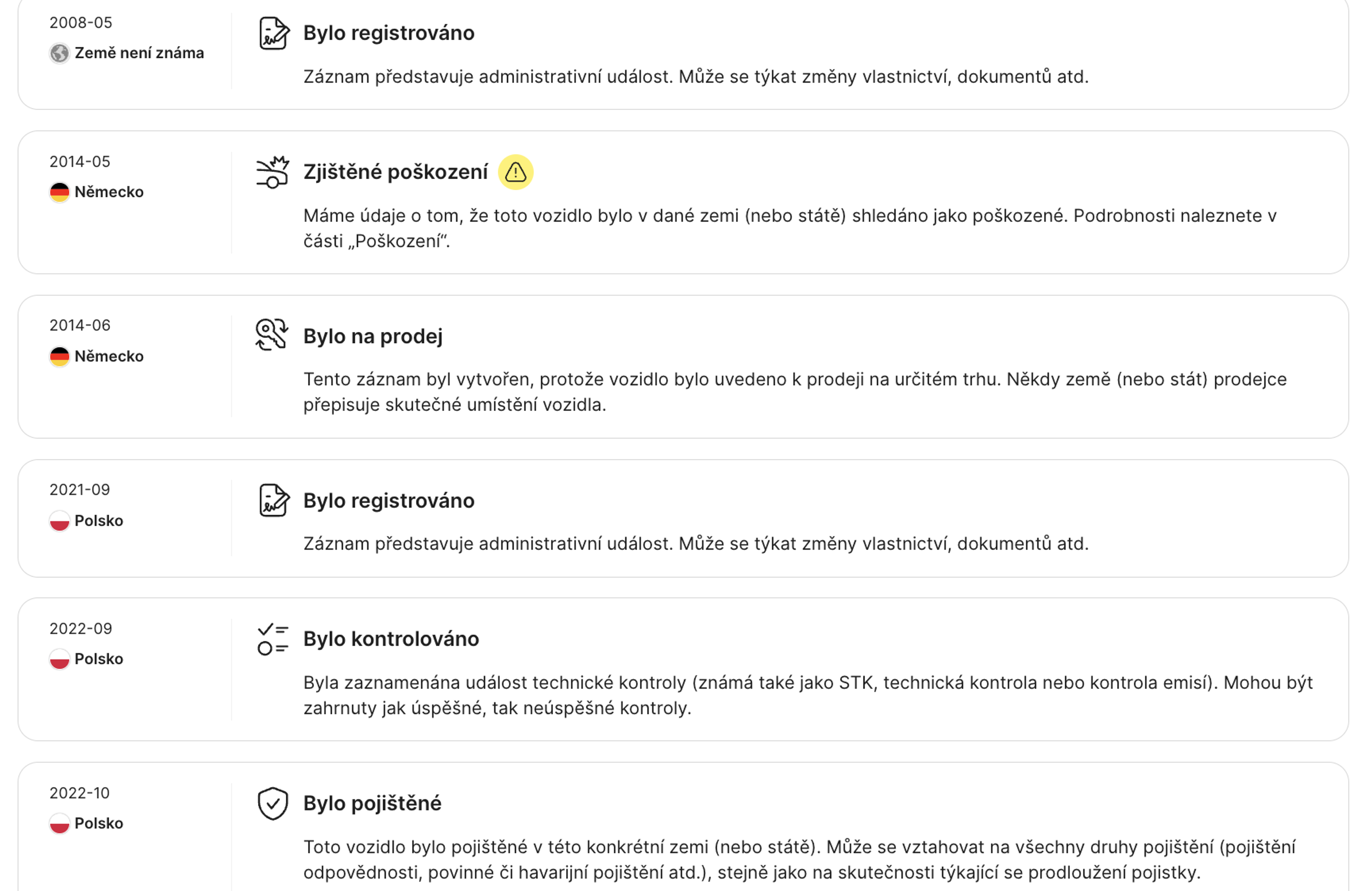 záznamy nalezené v sekci časové osy zprávy carVertical