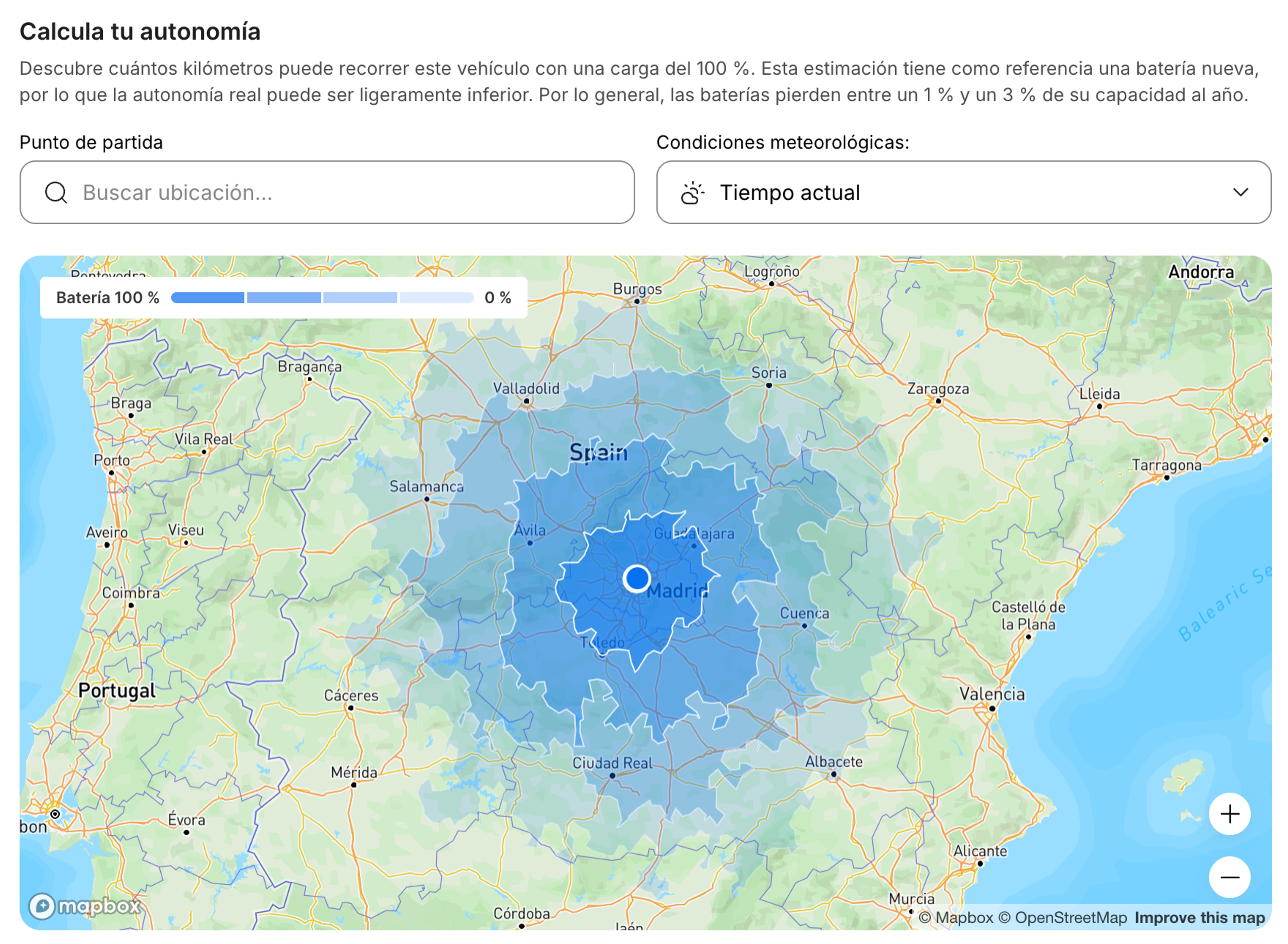 Mapa interactivo de la autonomía de los VE que muestra la distancia estimada de conducción.