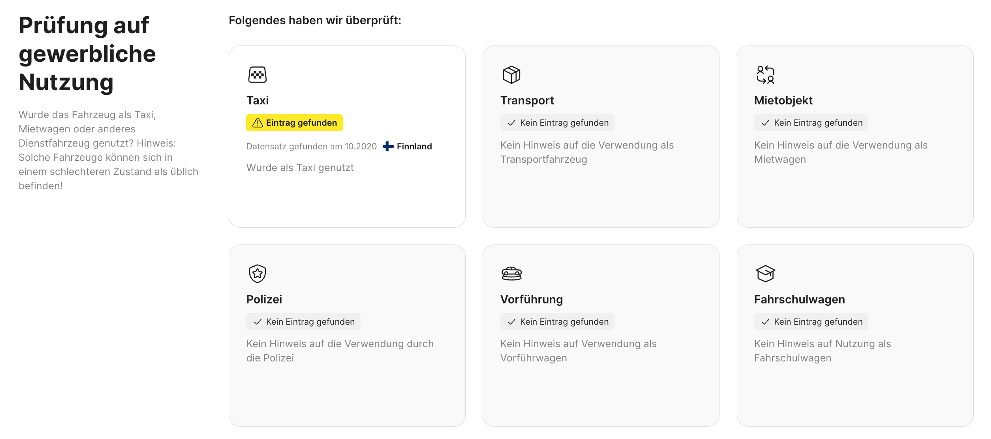 Aufbau des Abschnitts „Prüfung auf gewerbliche Nutzung“ in einem carVertical-Bericht