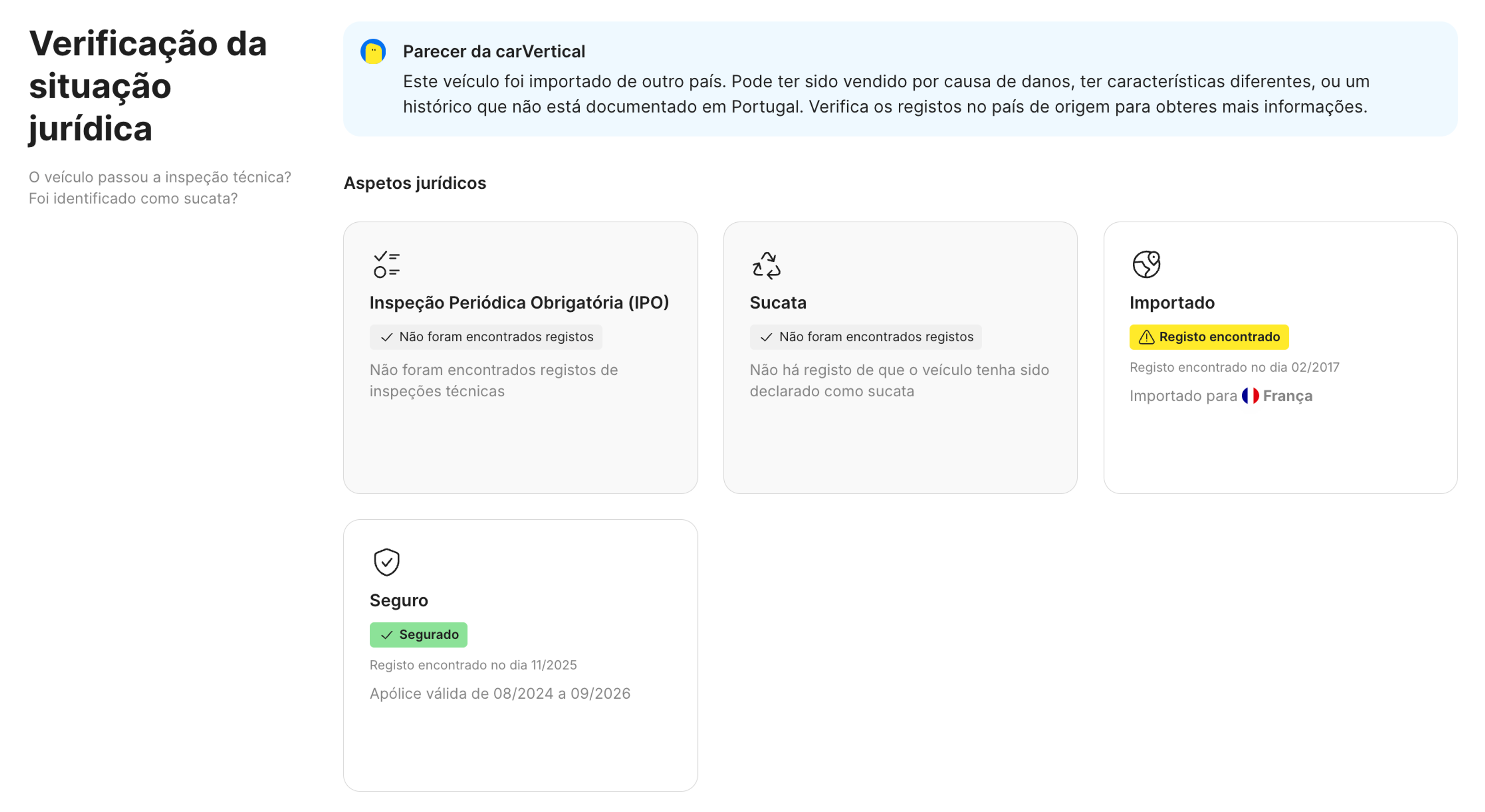 A secção “Verificação da situação jurídica” de um relatório da carVertical 