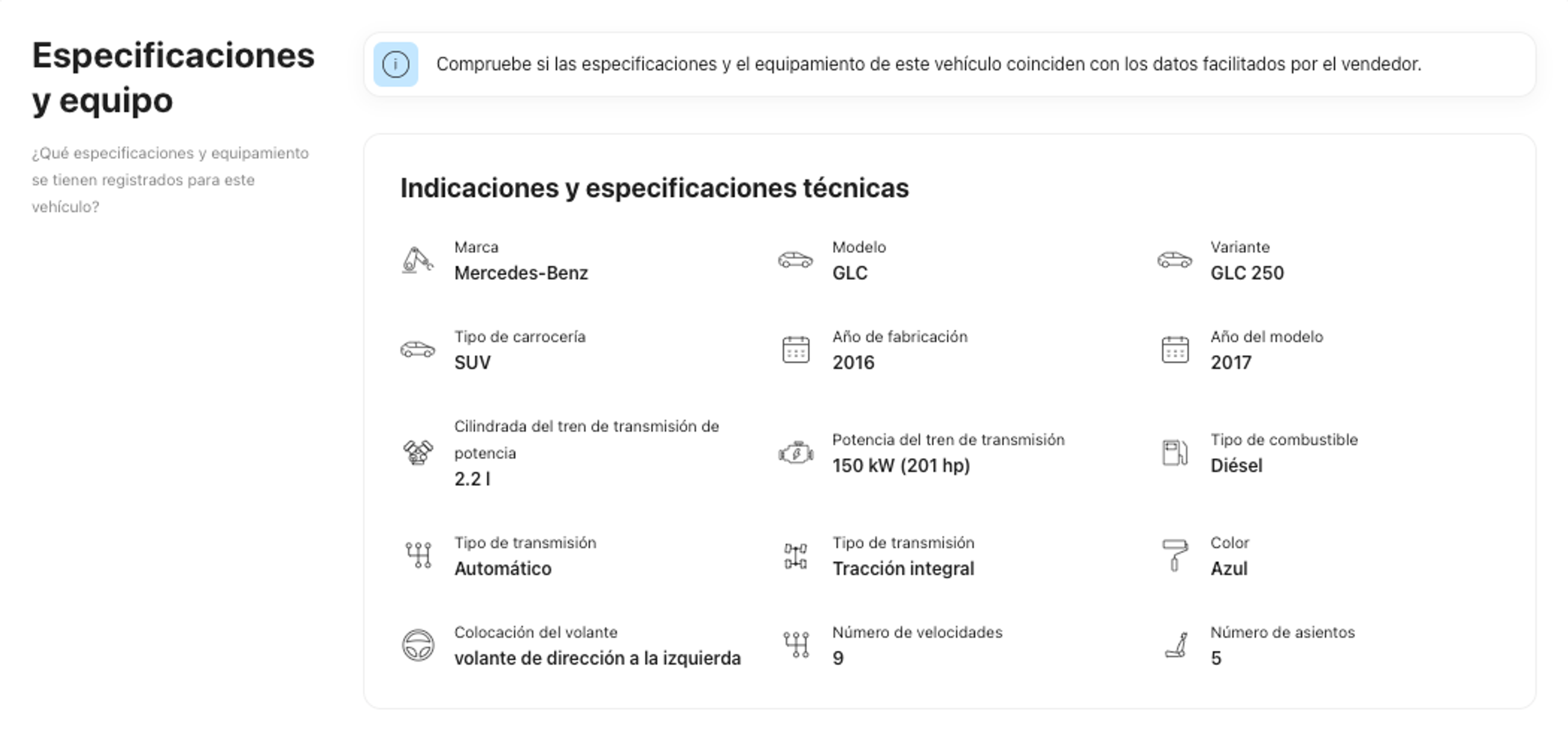 especificaciones del automóvil encontradas en un informe del historial del vehículo