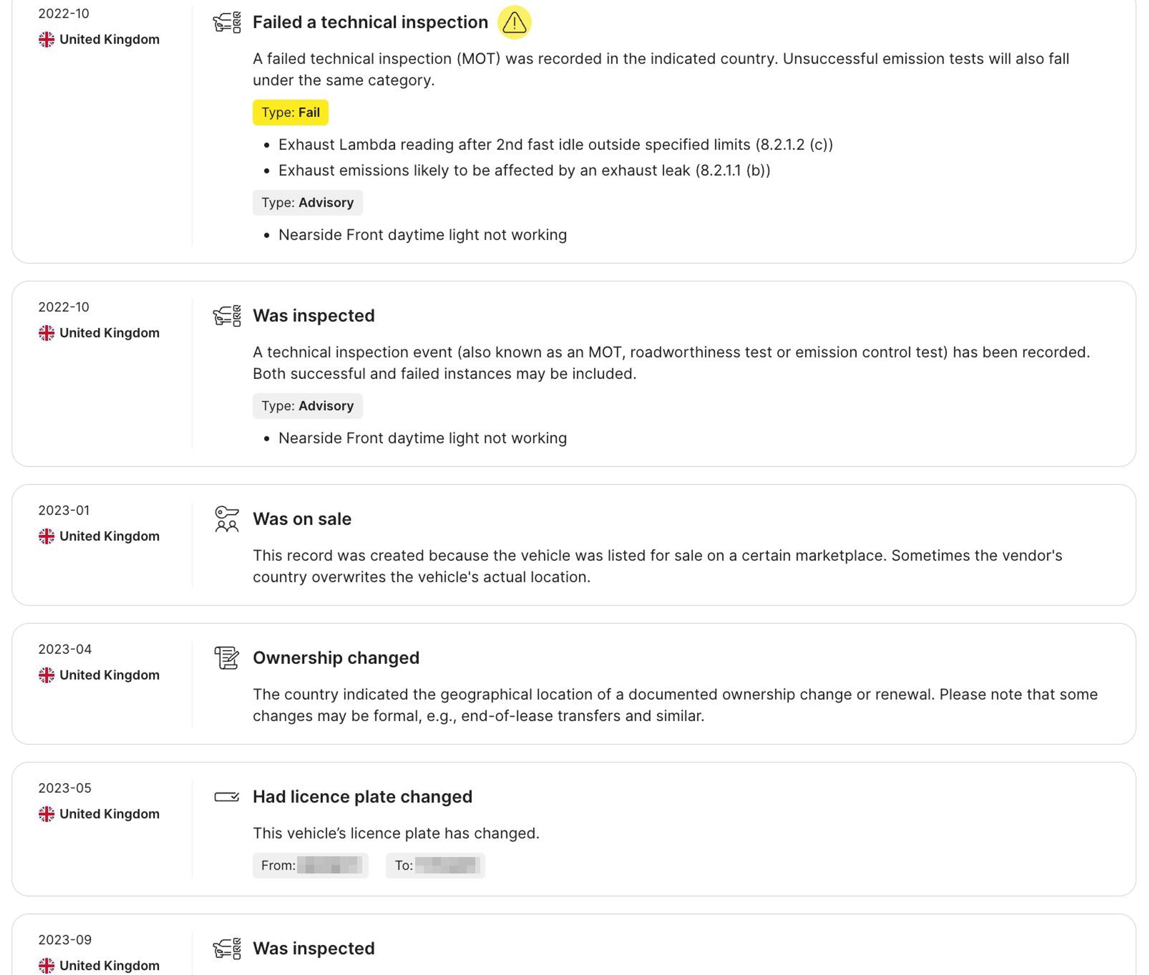 records found in a timeline section of carVertical report