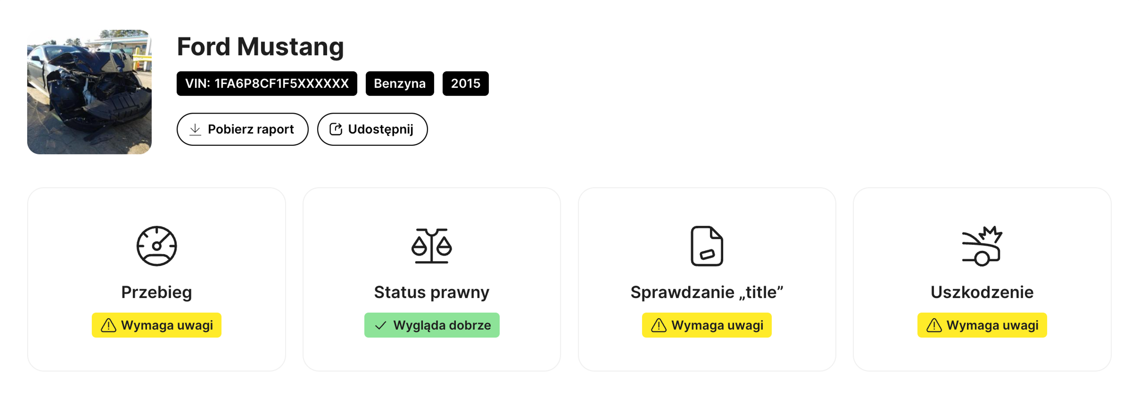 Sekcje w raporcie historii pojazdu carVertical
