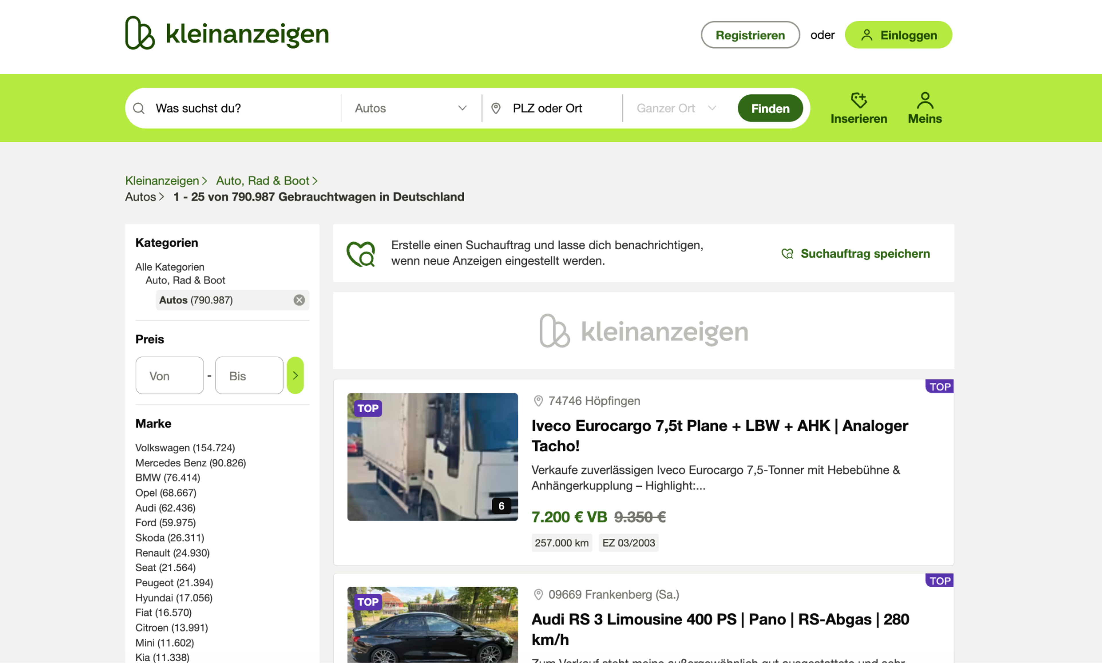 Kleinanzeigen.de Autokategorie