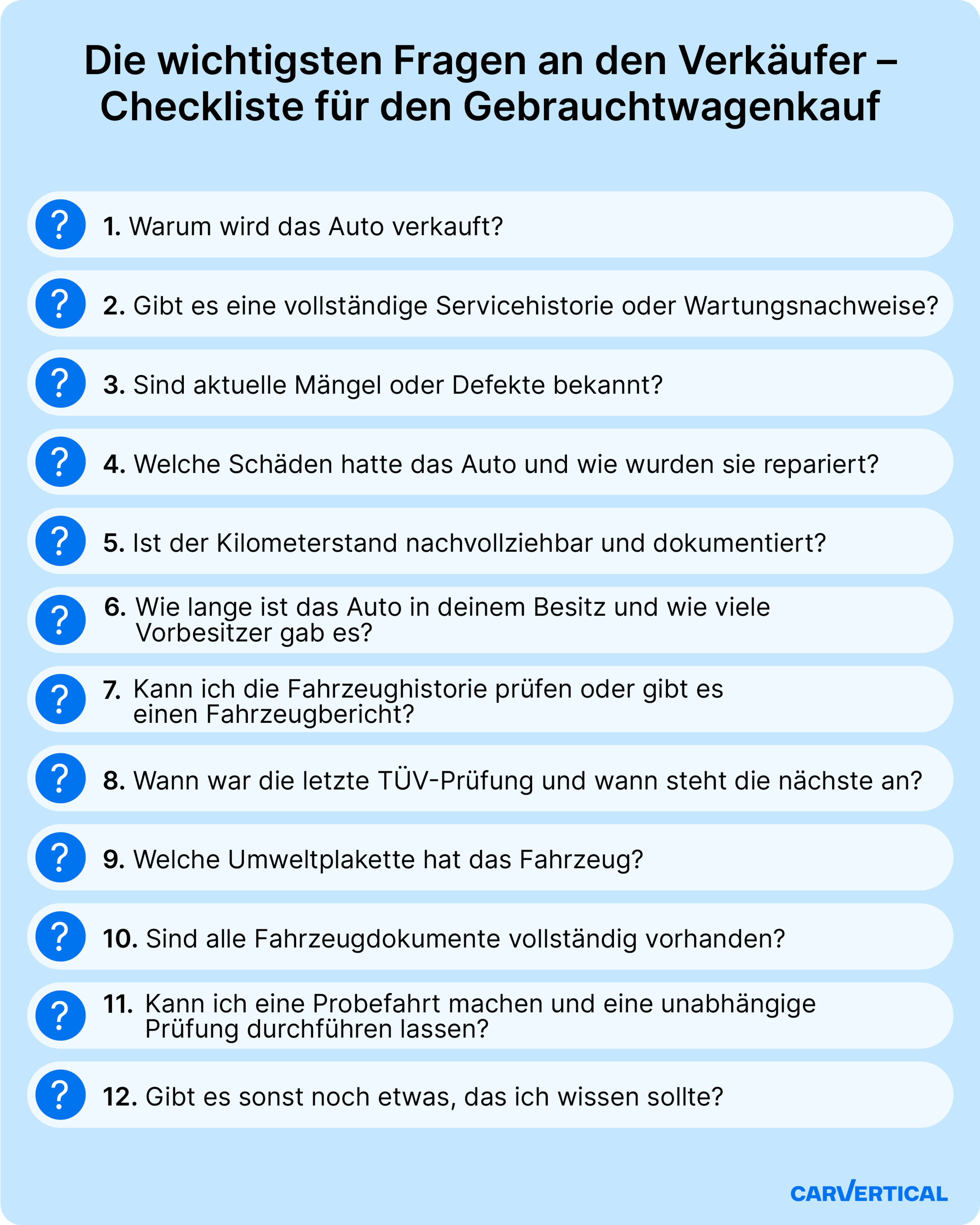 Eine Checkliste mit den wichtigsten Fragen an den Verkäufer beim Gebrauchtwagenkauf