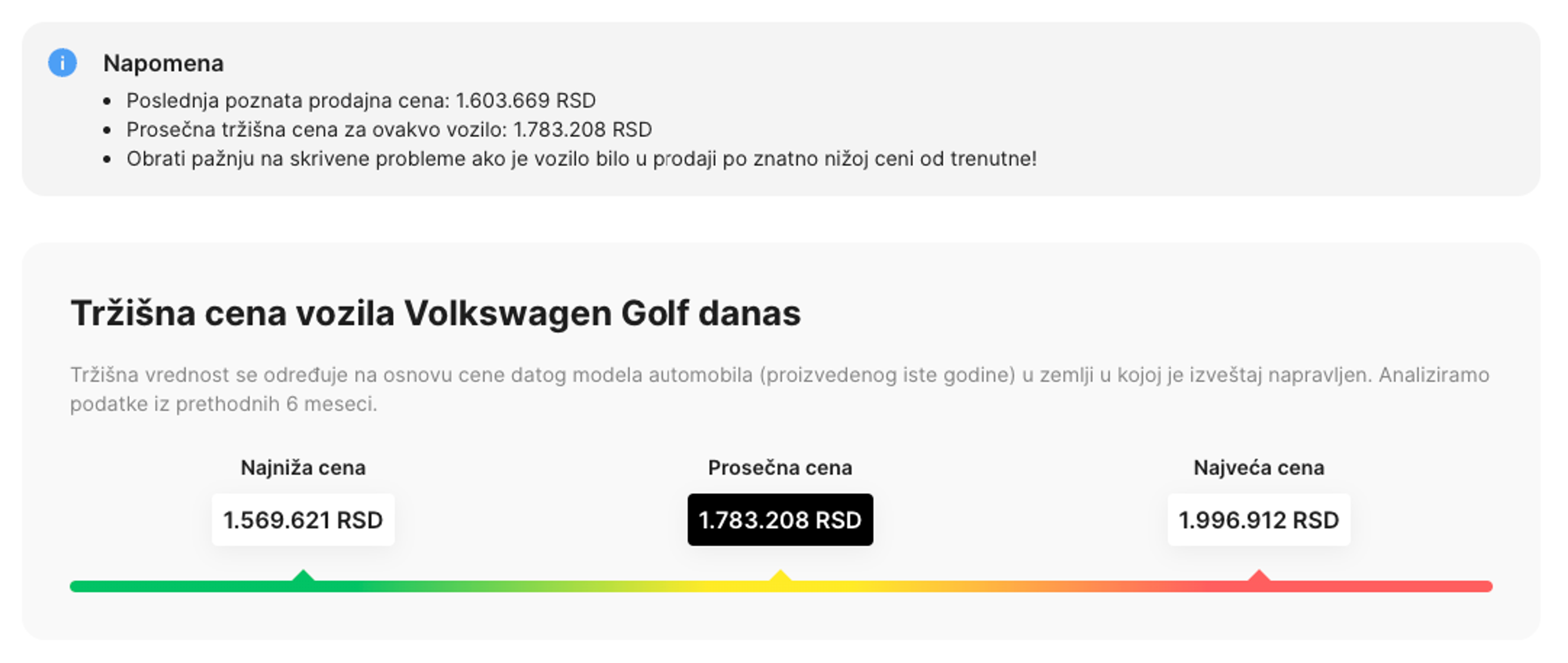 Informacije o tržišnoj vrednosti u carVertical izveštaju