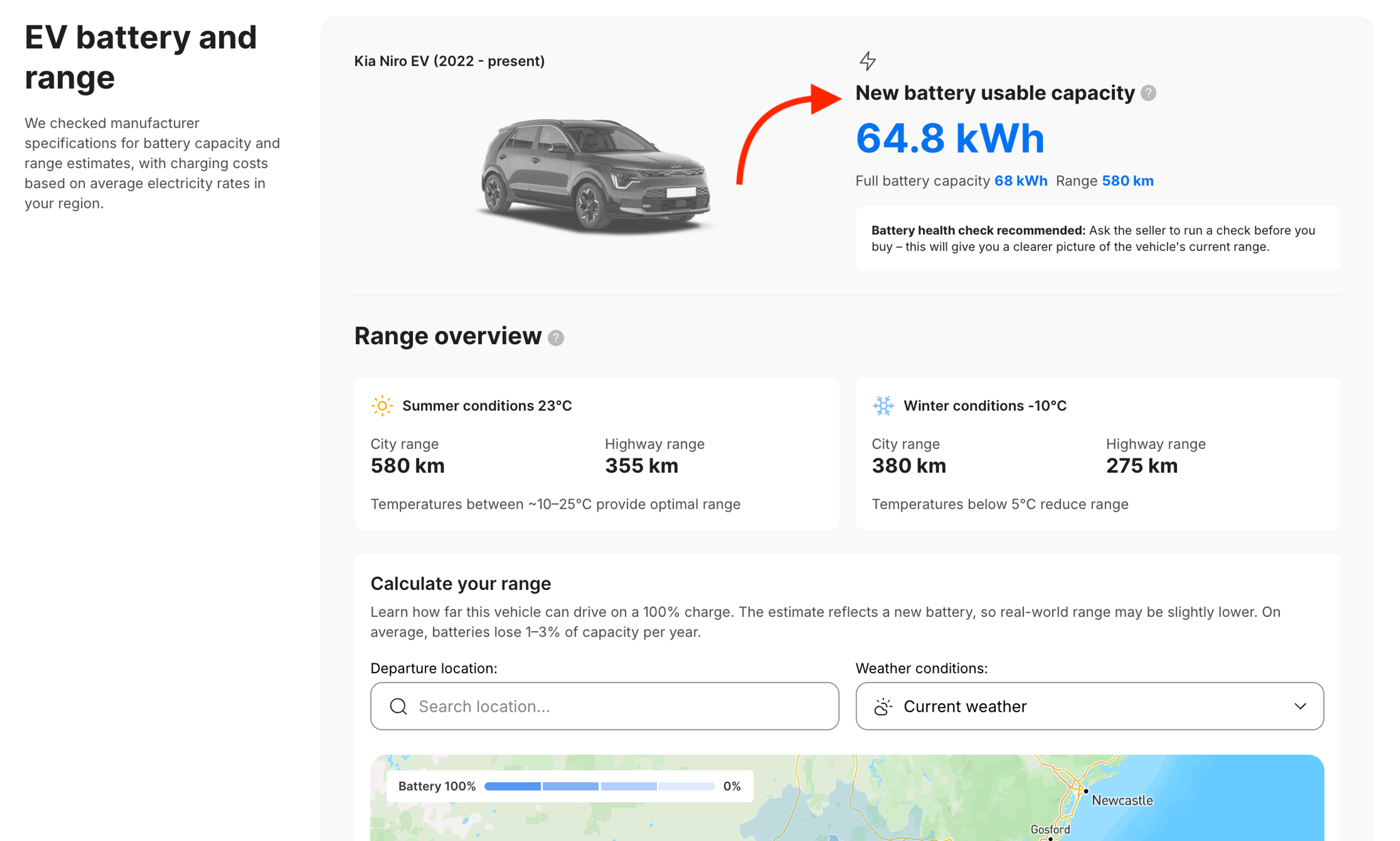 EV battery capacity and estimated driving range shown in the EV battery and range section of the report.