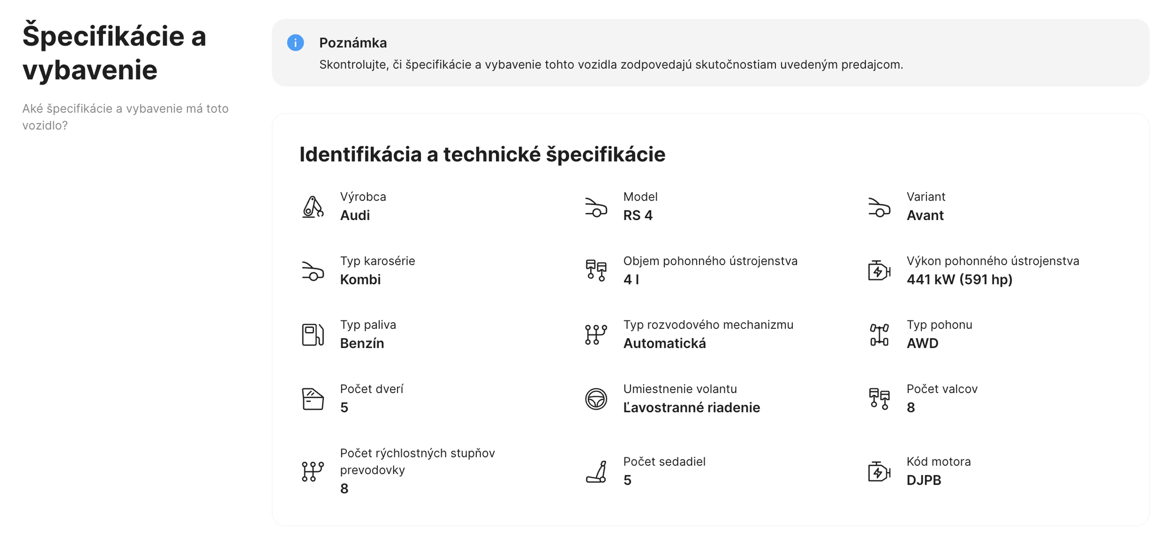 Sekcia špecifikácií a vybavenia v správe carVertical