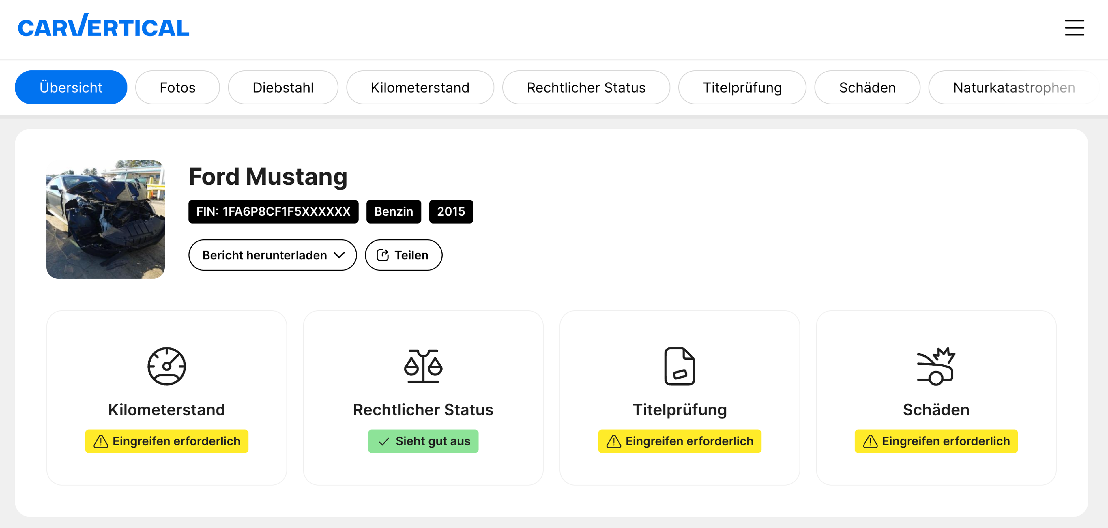 carVertical-Bericht zur Fahrzeughistorie