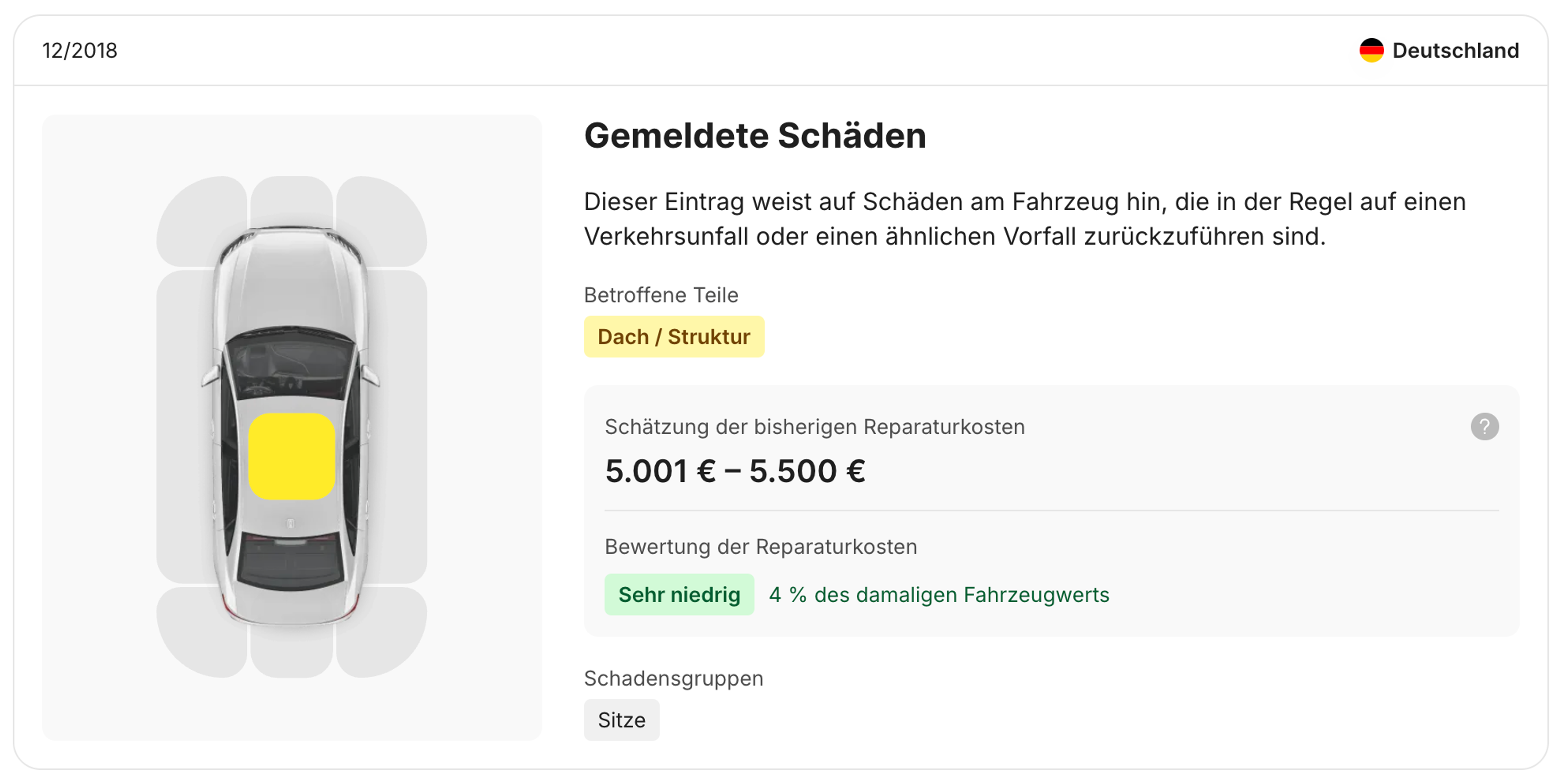 Schadenseintrag im carVertical-Bericht
