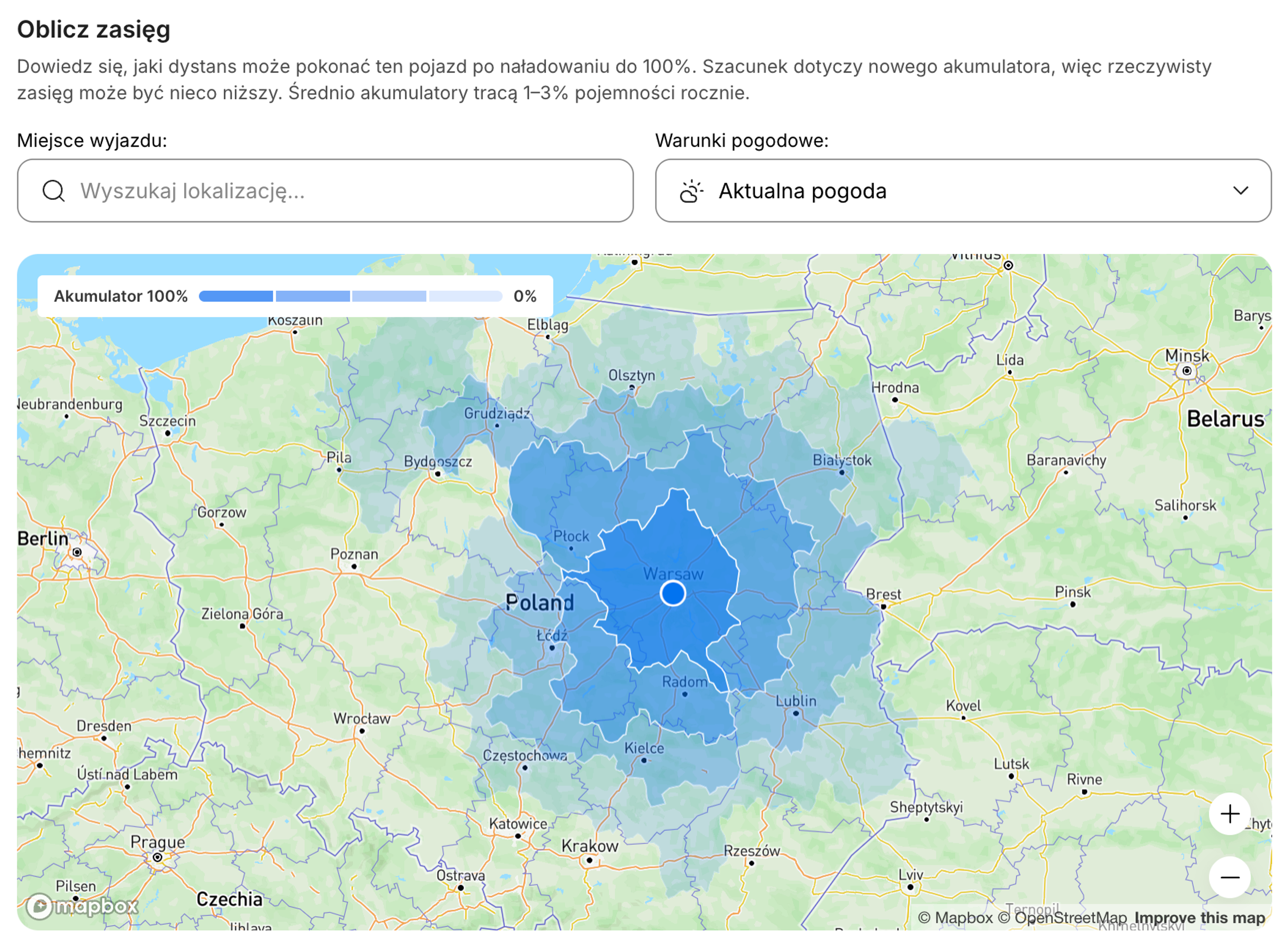 Interaktywna mapa zasięgu EV pokazująca szacowany dystans