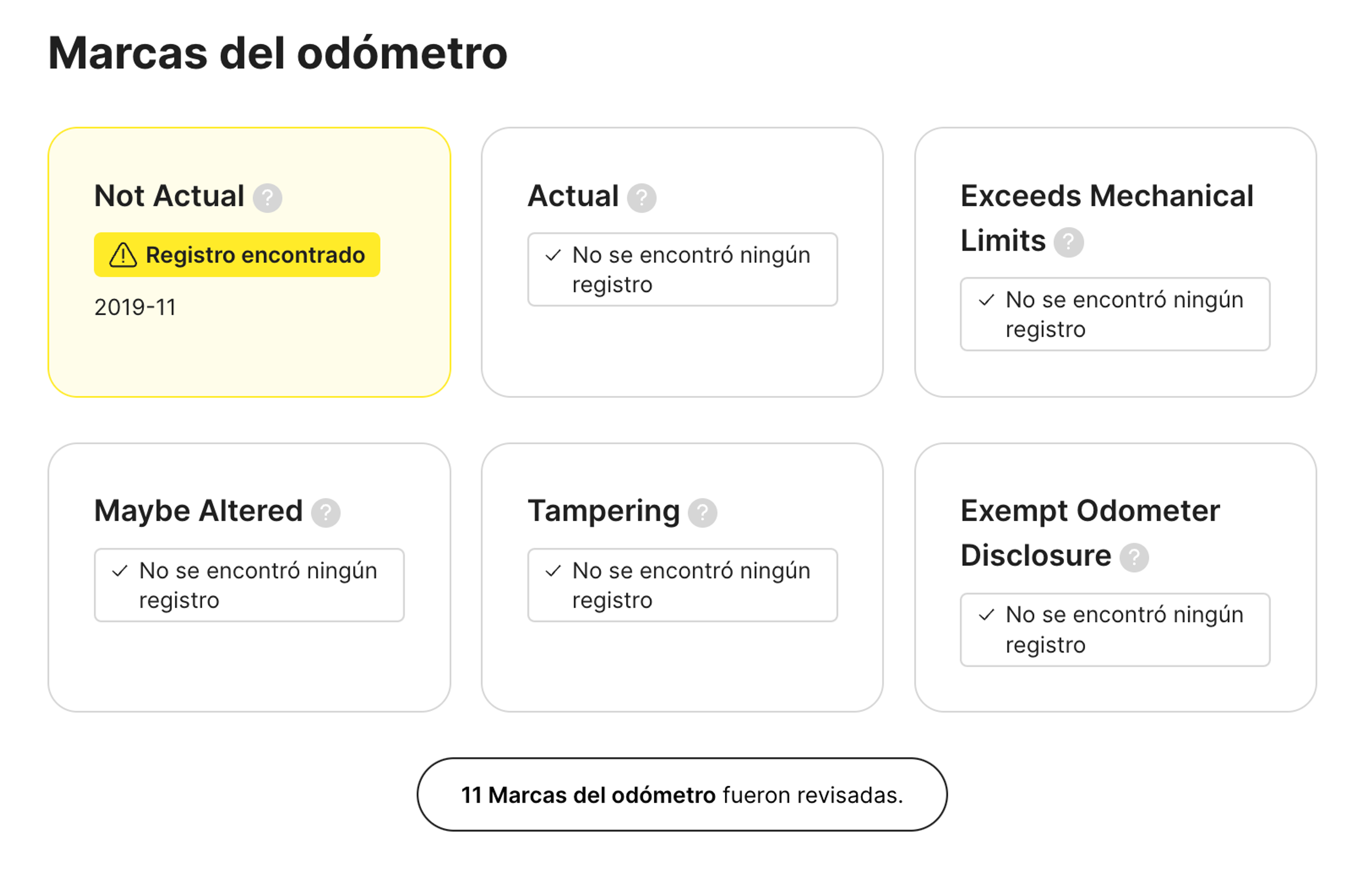 Marcas del odómetro en un informe carVertical