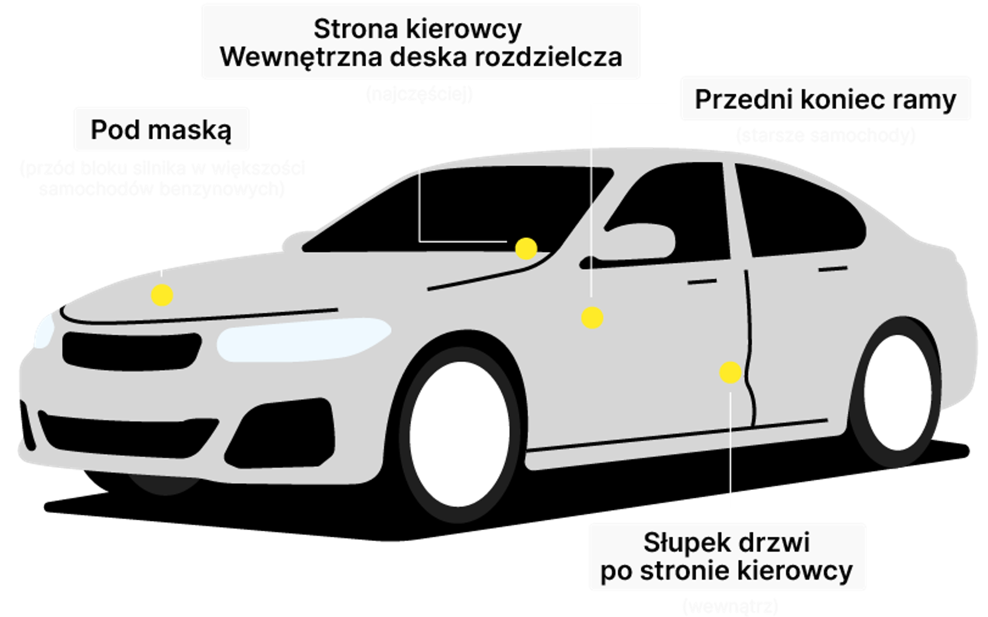 Car frame with marked VIN number locations