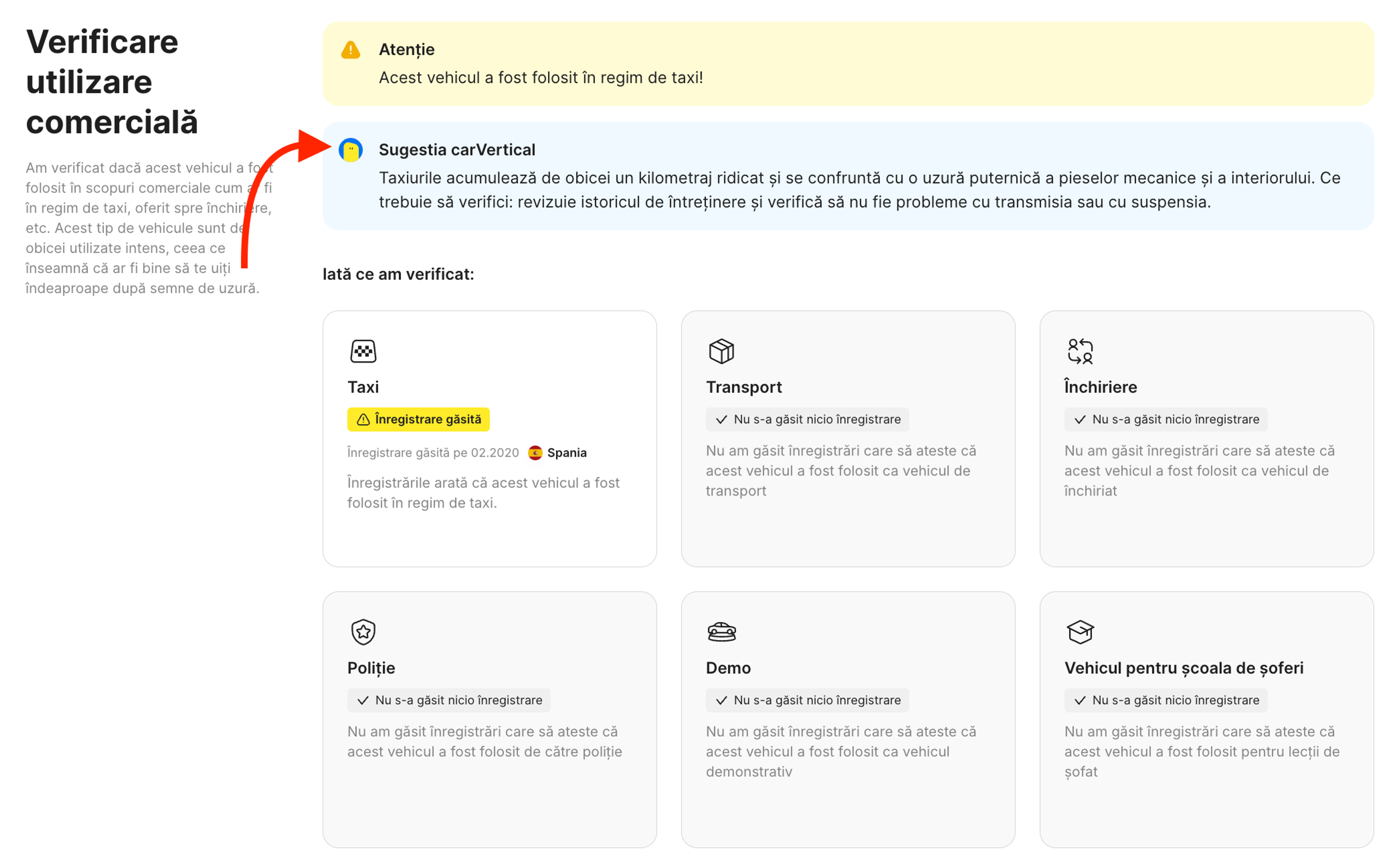 Informațiile carVertical din secțiunea Verificare utilizare comercială