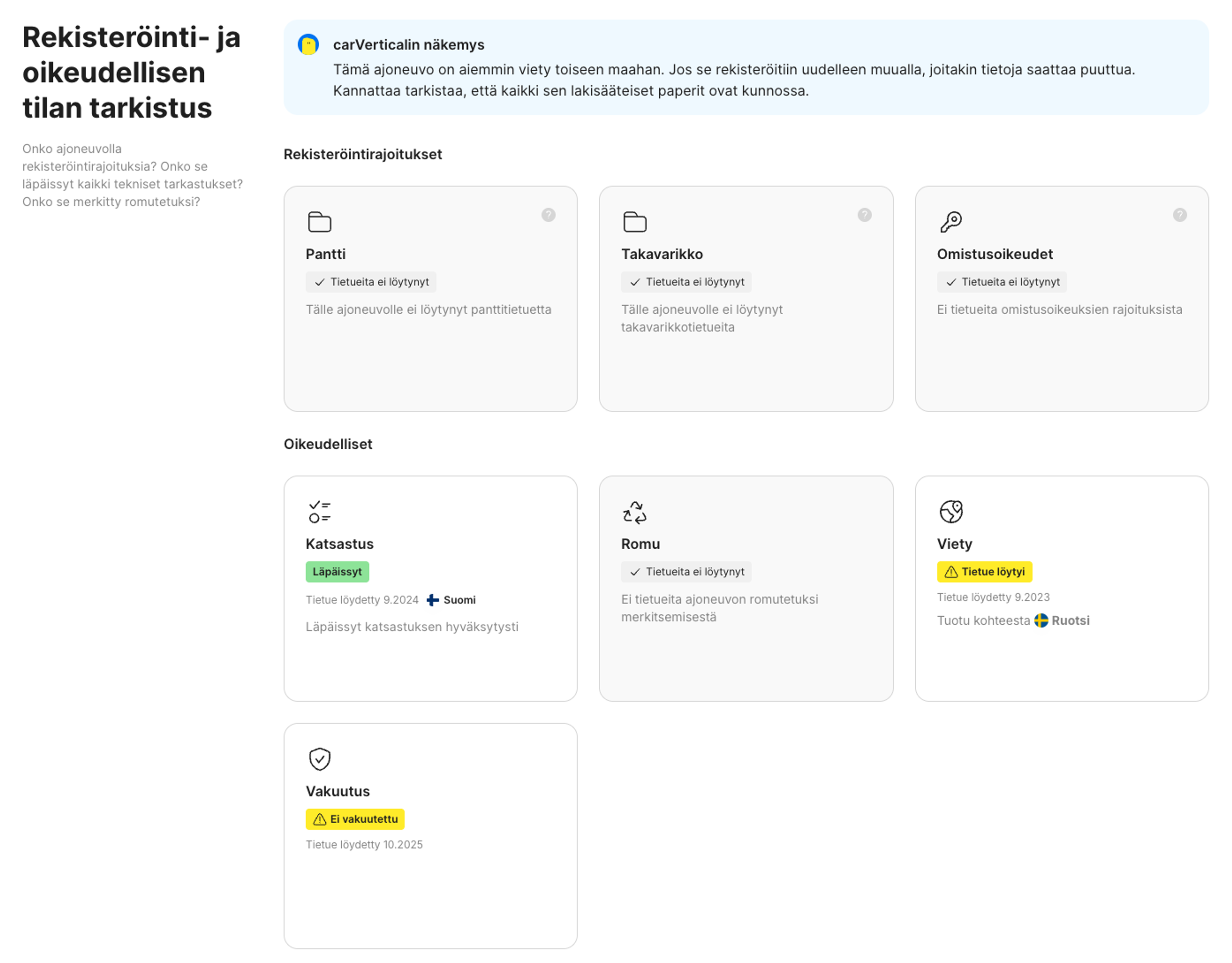 rekisteröinti ja oikeudellinen asema -osio carVertical-raportissa