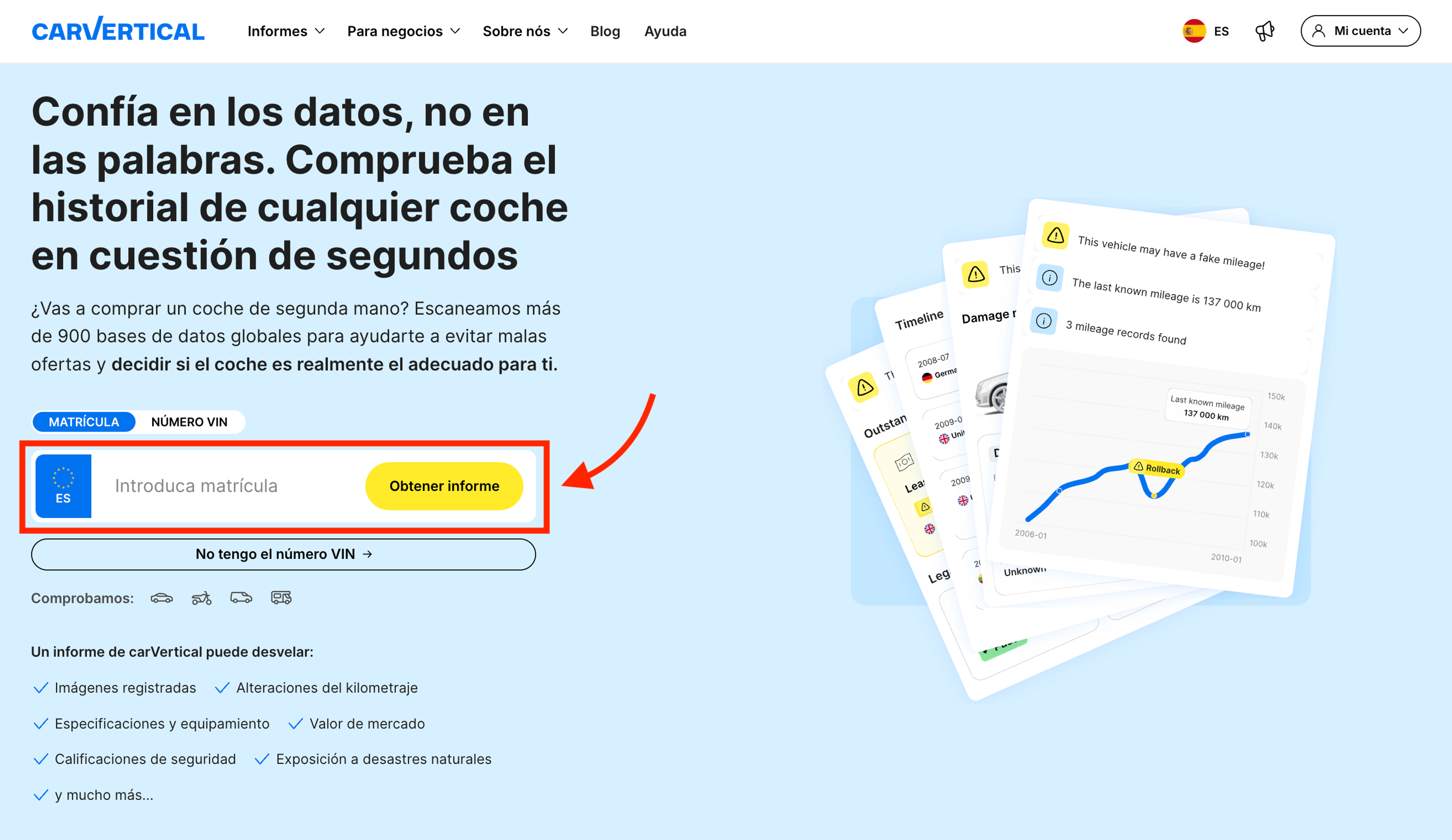 Campo de entrada del VIN o la matrícula en la página de inicio de carVertical