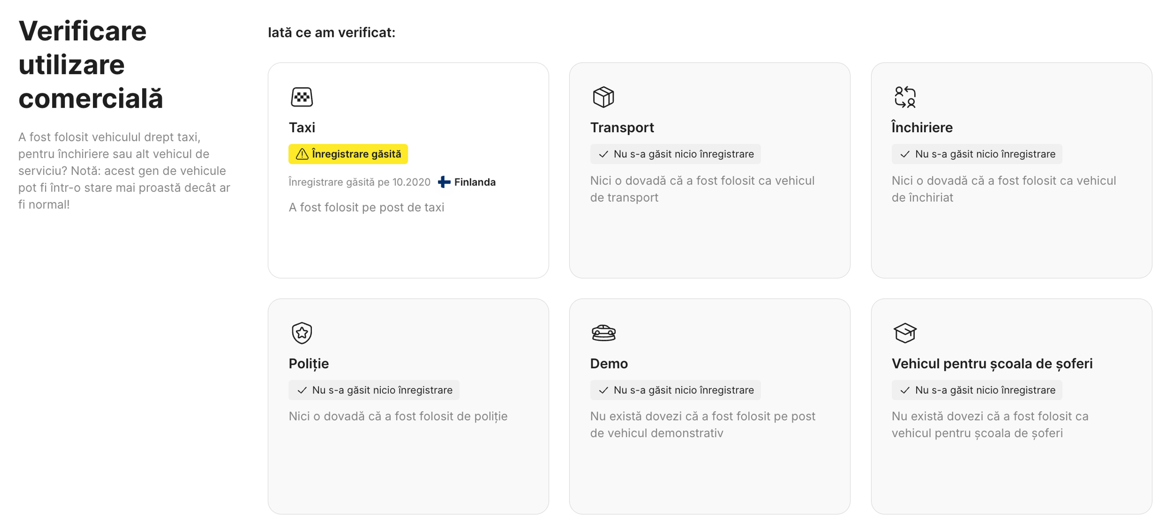 Structura secțiunii Scop (utilizare) dintr-un raport carVertical