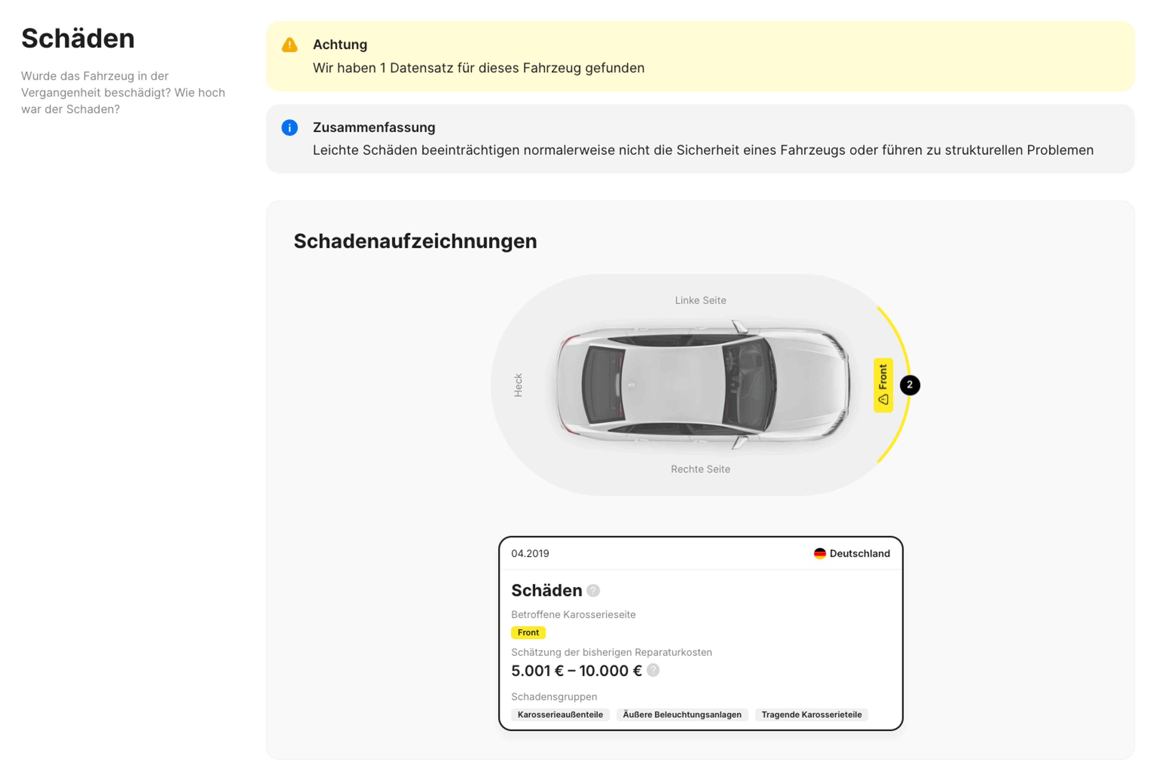 Schadensaufzeichnungen im carVertical-Bericht