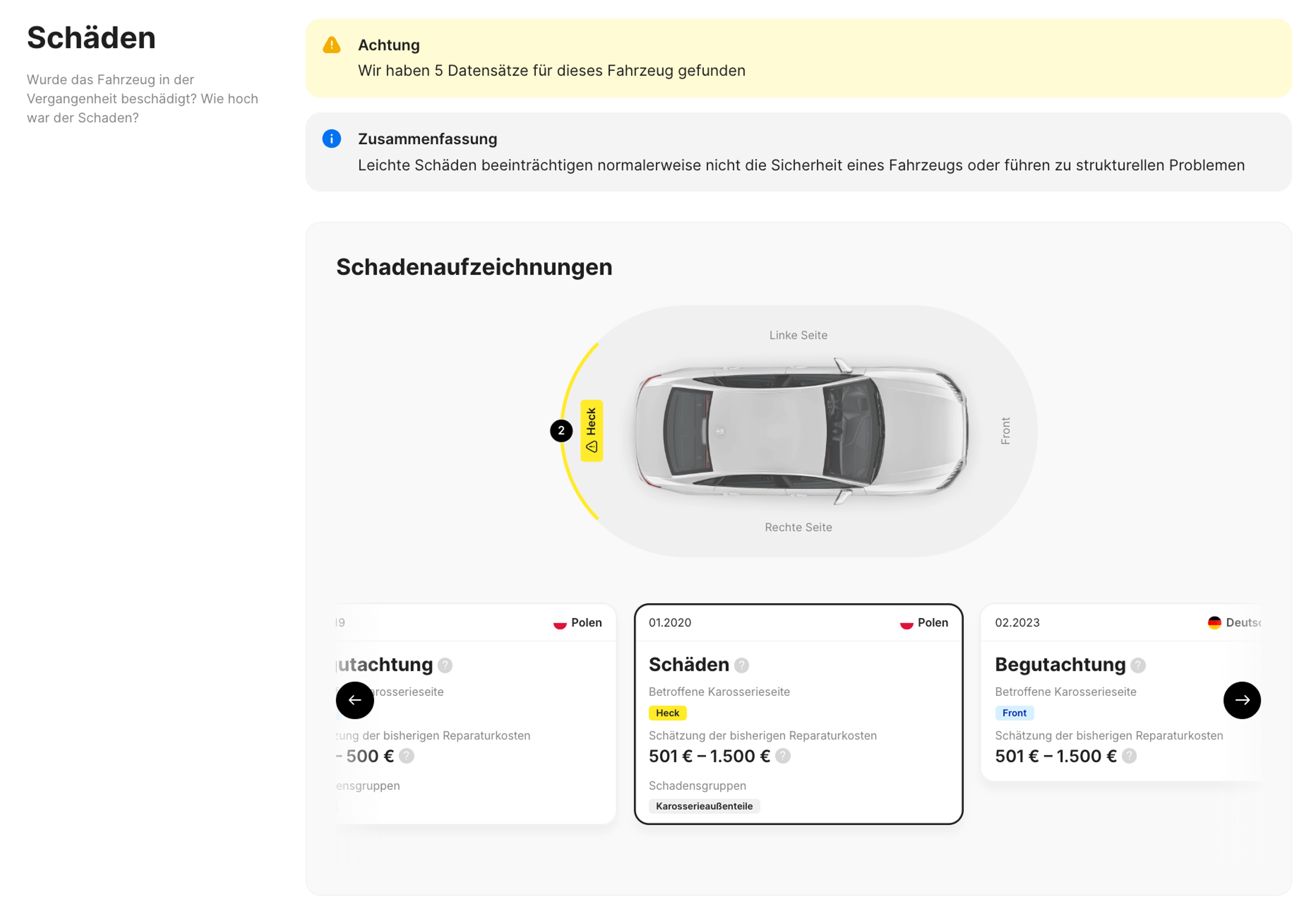 Schadenshistorie eines Fahrzeugs im carVertical-Bericht