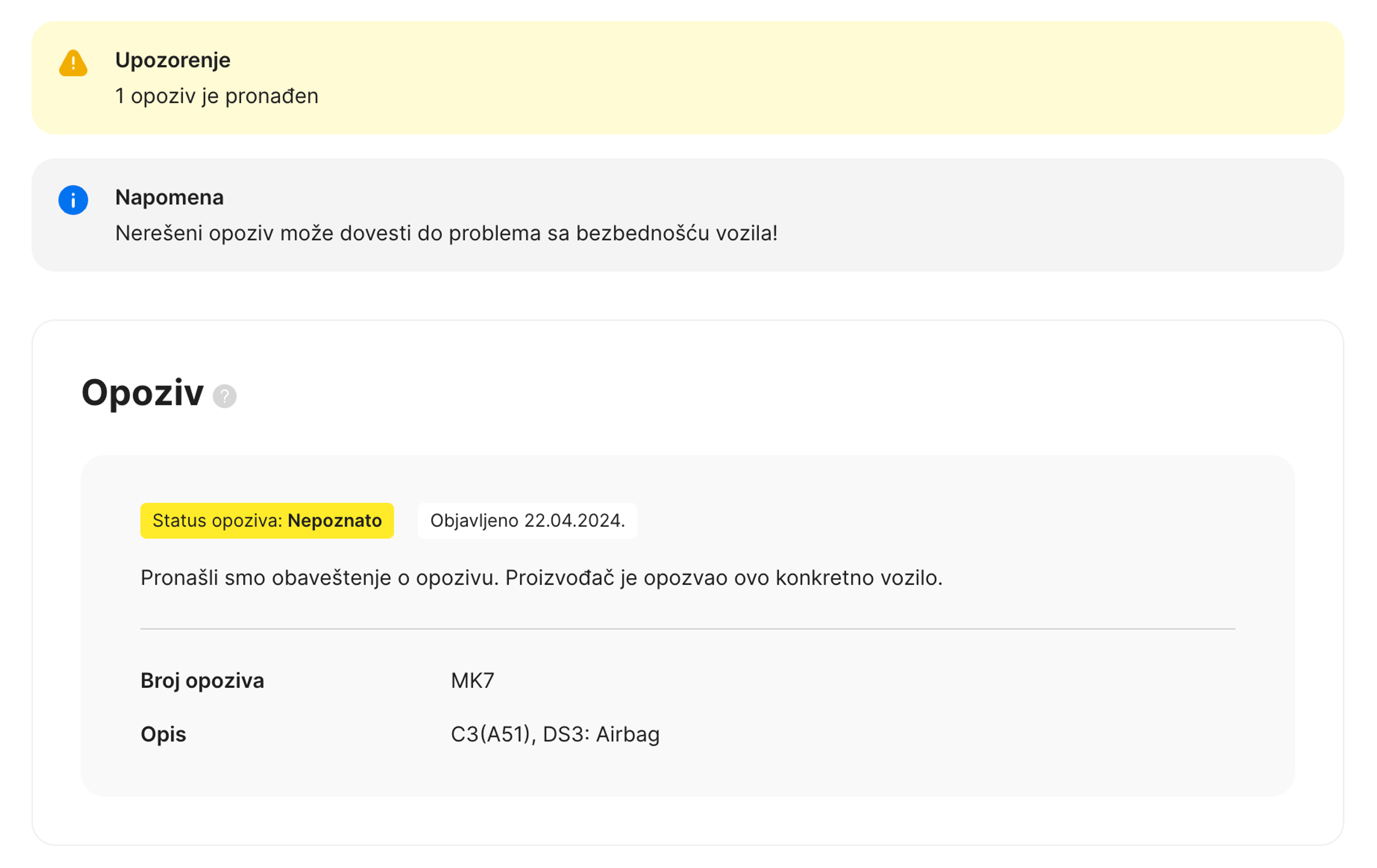 Opoziv u izveštaju carVertical