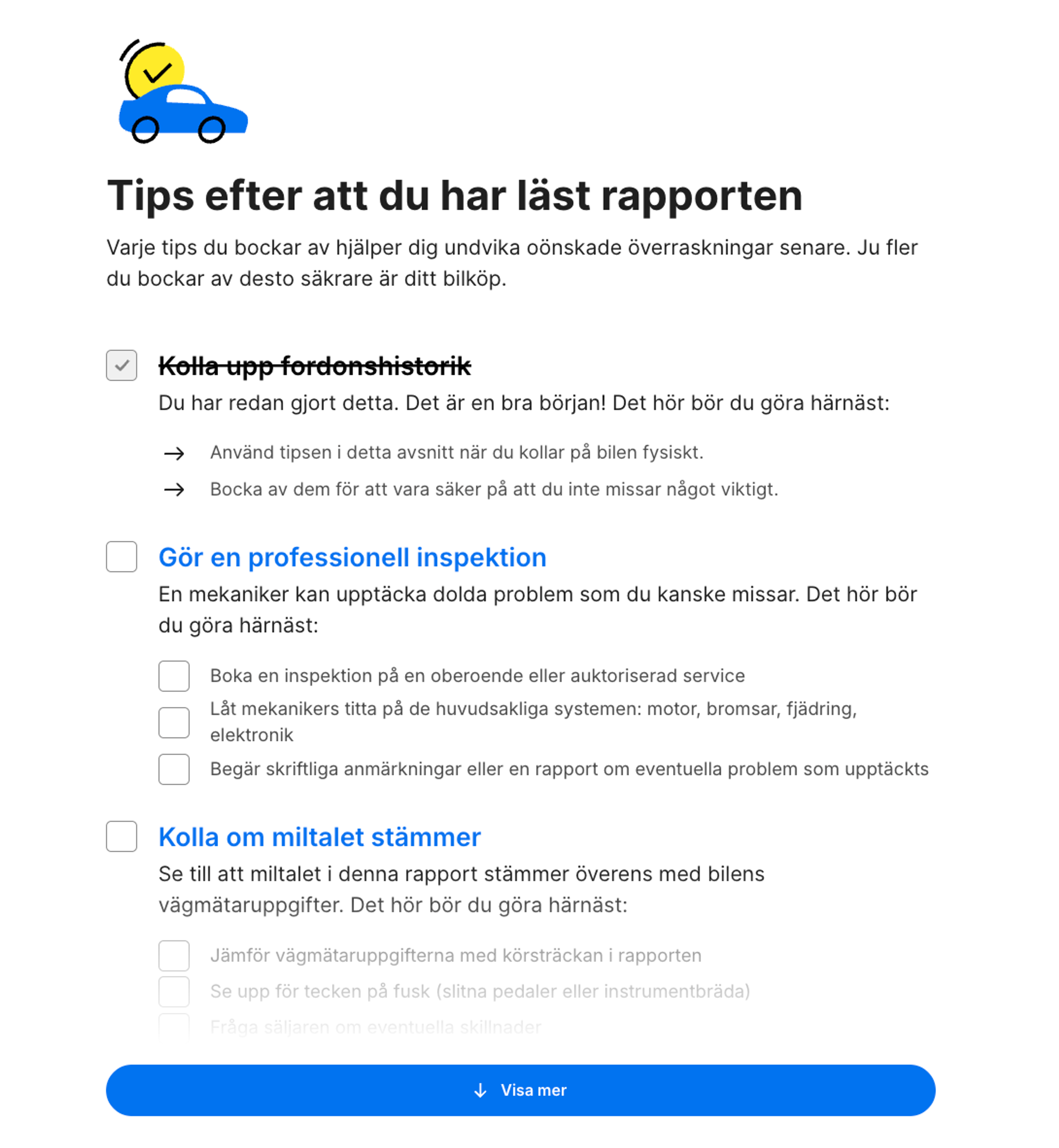 “Vad händer sen?”, checklista i carVertical-rapporten