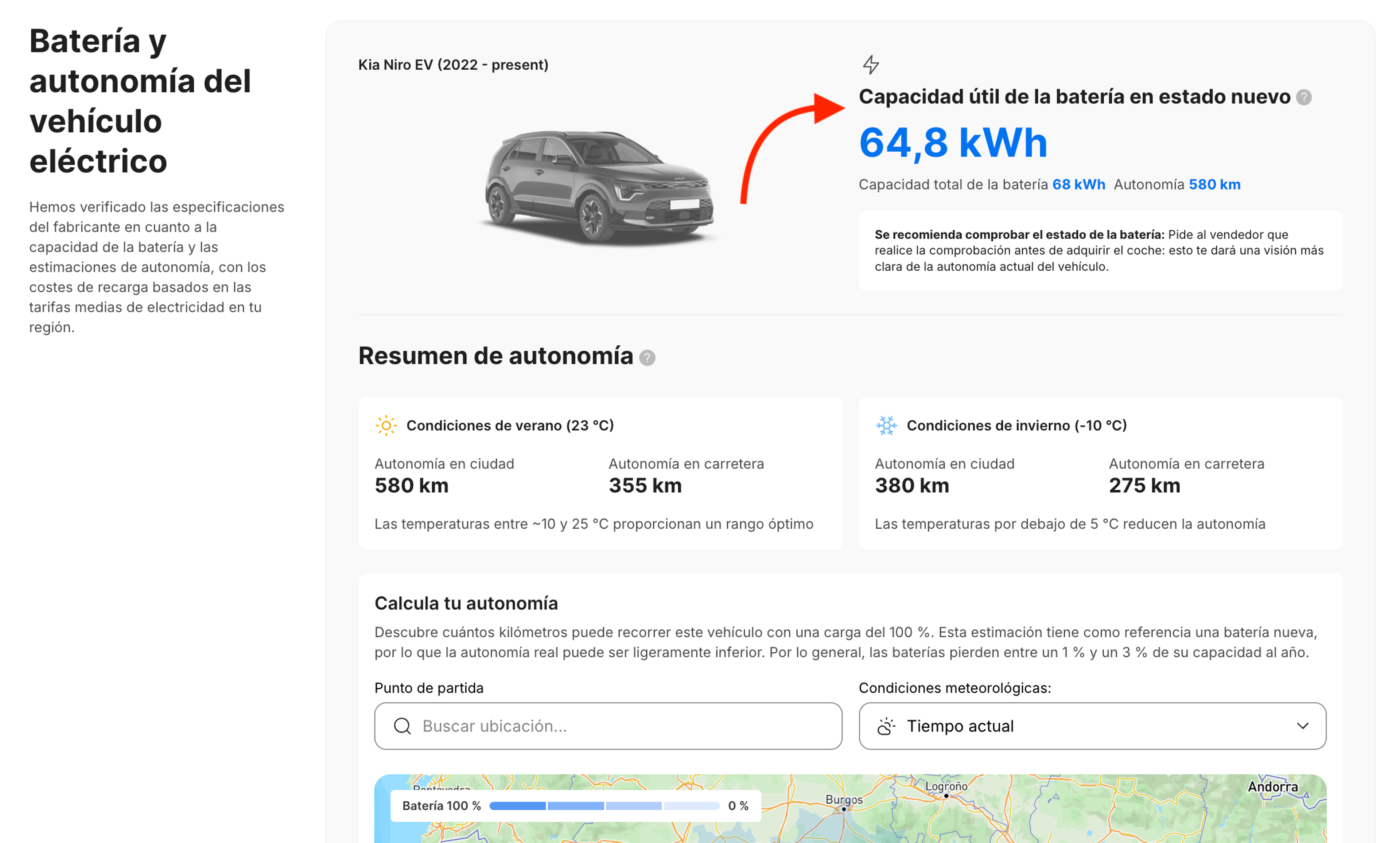 Capacidad de la batería y autonomía estimadas mostradas en la sección de batería y autonomía para VE del informe.