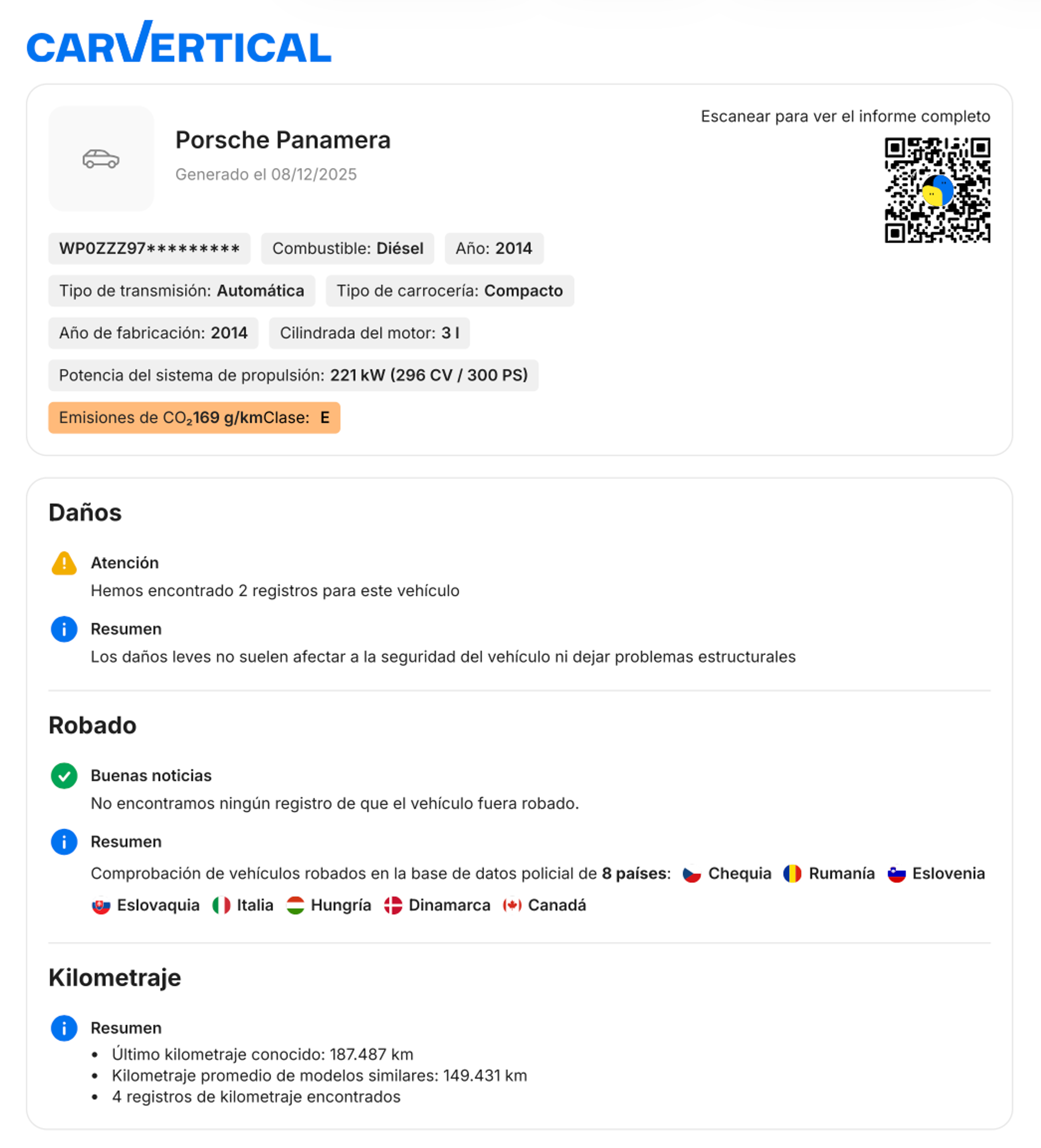 Datos del coche incluidos en el PDF de una página