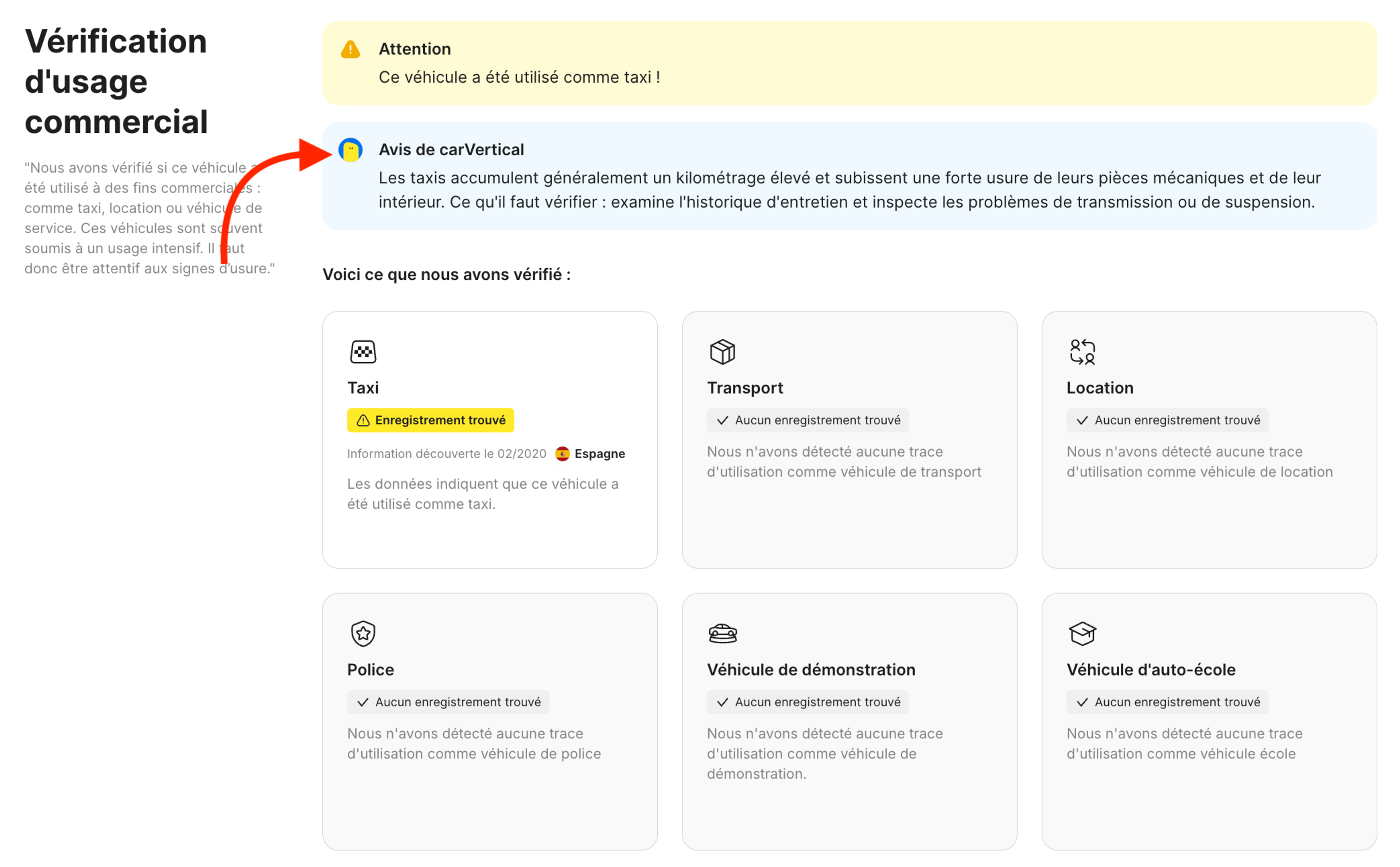 Les analyses de carVertical dans la section de Vérification de l’usage Commercial