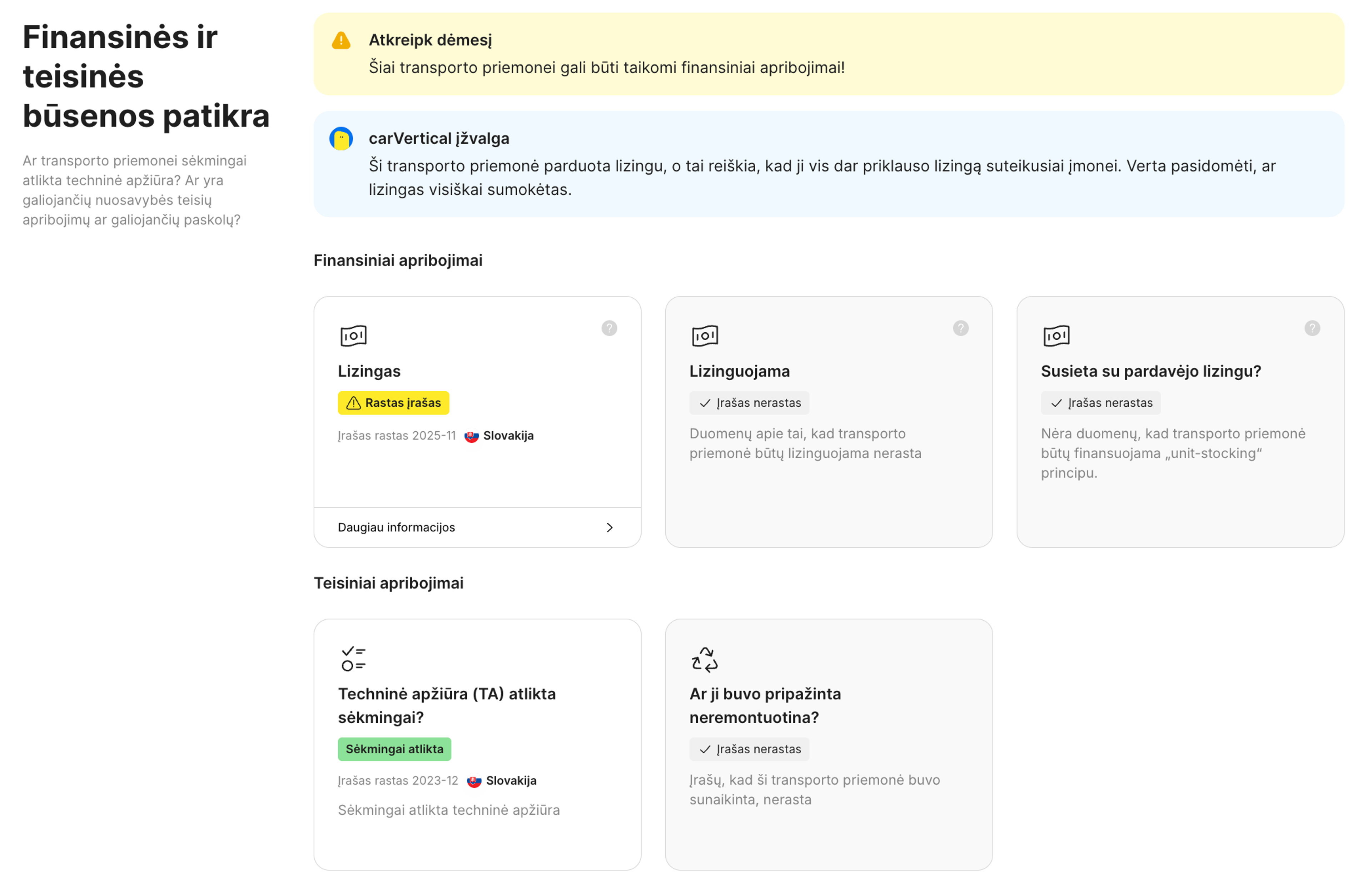 finansinio ir teisinio statuso funkcija carVertical ataskaitoje