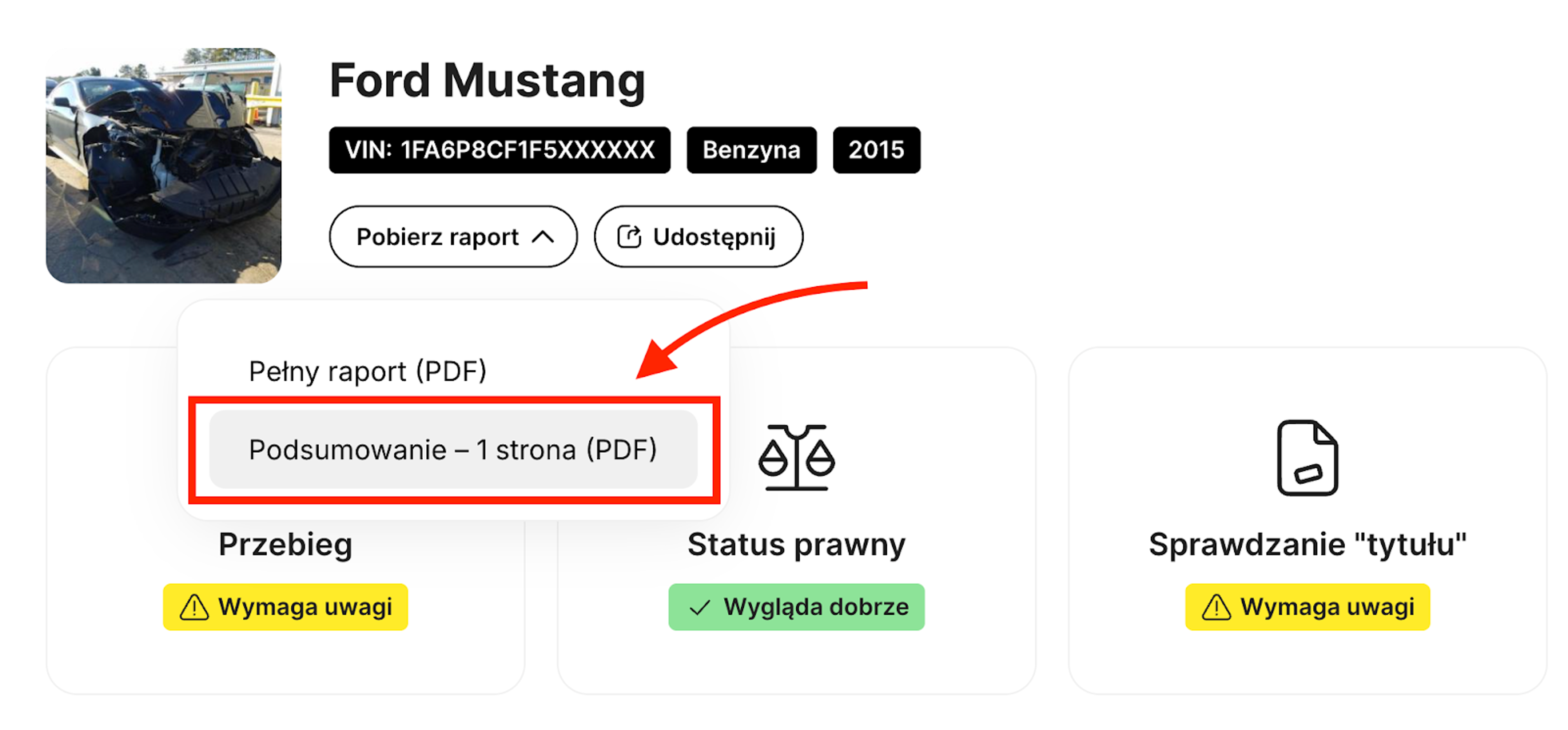 Jak pobrać podsumowanie raportu carVertical w formacie PDF