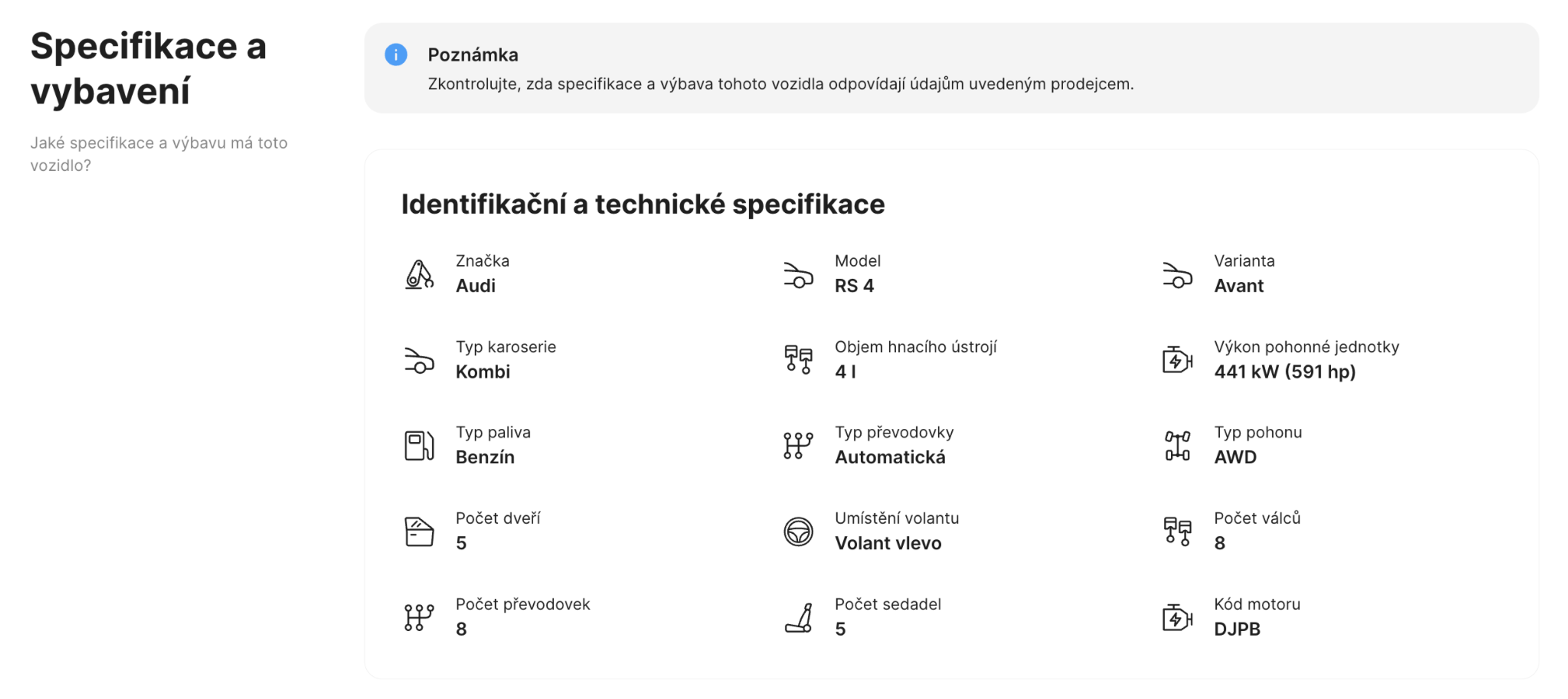Sekce specifikací a vybavení ve zprávě carVertical